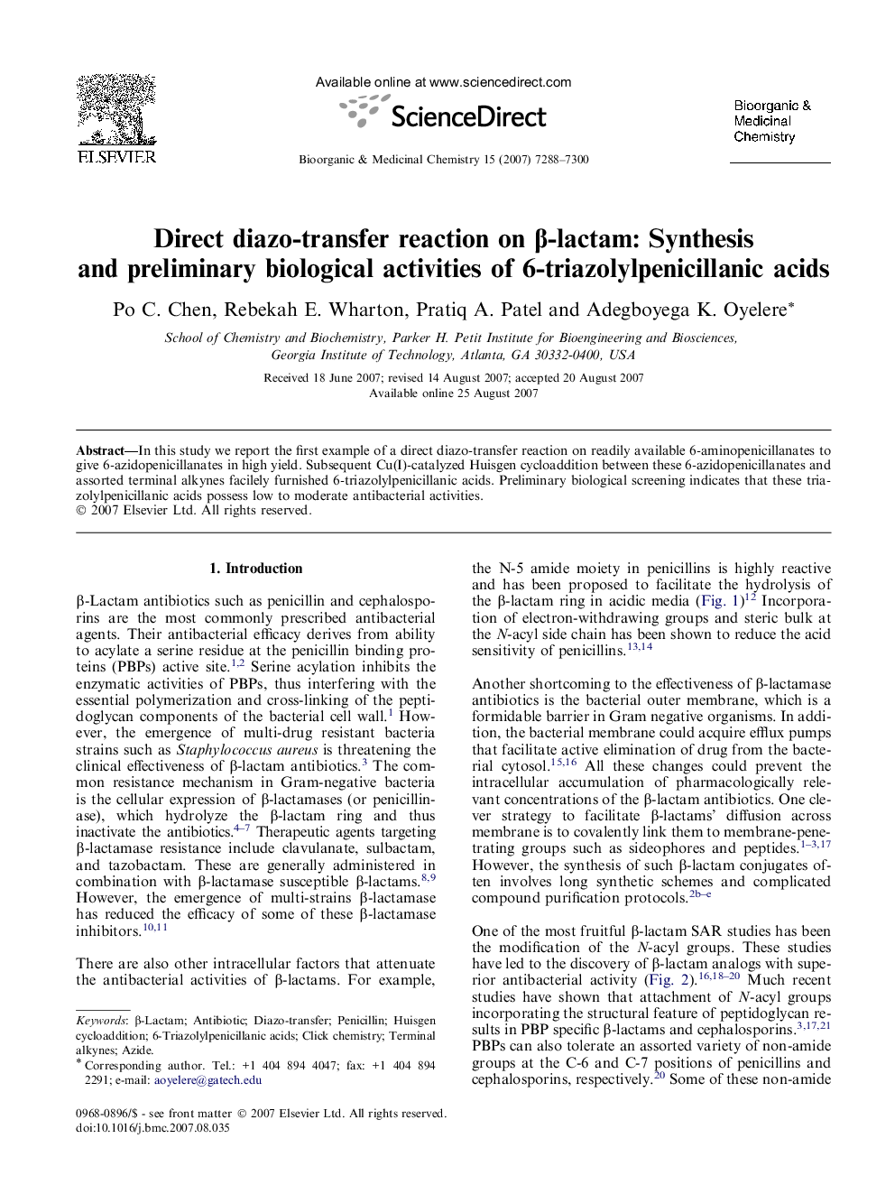 Direct diazo-transfer reaction on β-lactam: Synthesis and preliminary biological activities of 6-triazolylpenicillanic acids