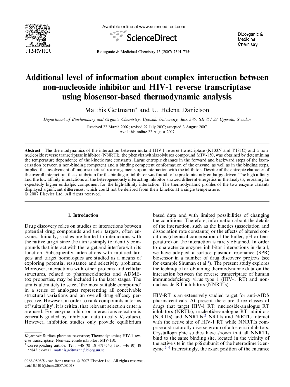 Additional level of information about complex interaction between non-nucleoside inhibitor and HIV-1 reverse transcriptase using biosensor-based thermodynamic analysis