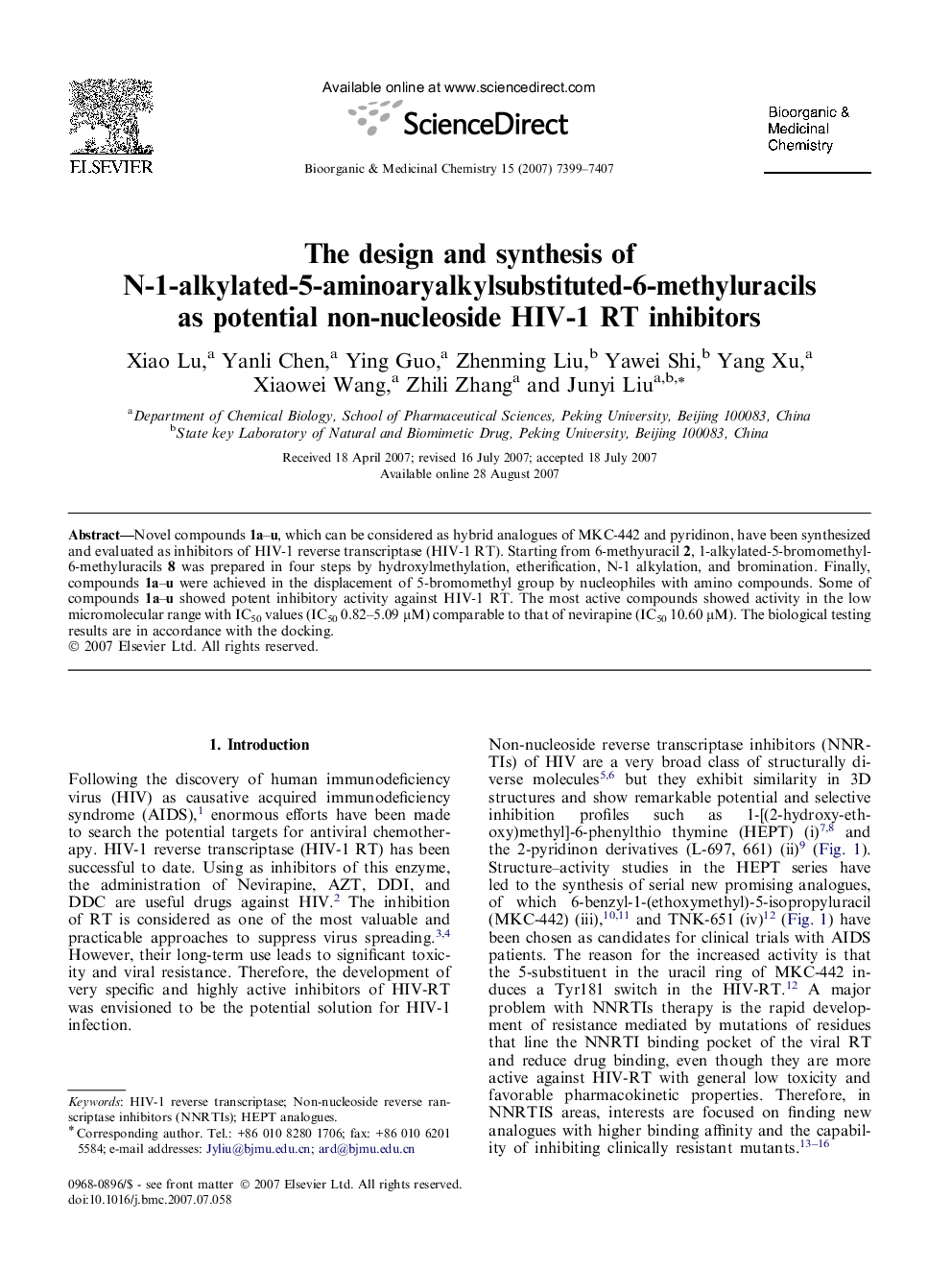 The design and synthesis of N-1-alkylated-5-aminoaryalkylsubstituted-6-methyluracils as potential non-nucleoside HIV-1 RT inhibitors