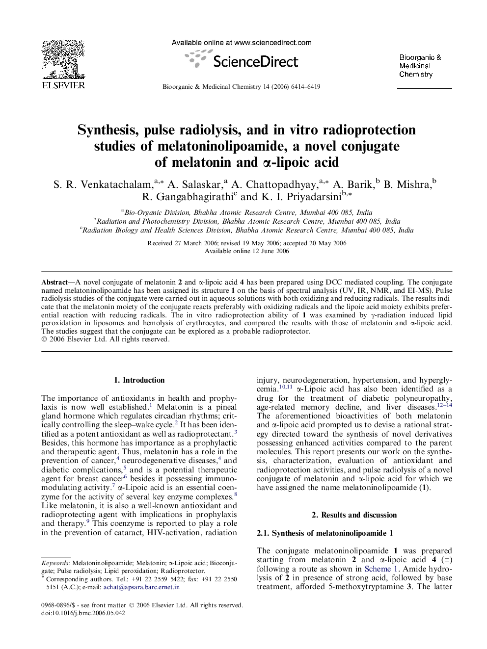 Synthesis, pulse radiolysis, and in vitro radioprotection studies of melatoninolipoamide, a novel conjugate of melatonin and α-lipoic acid