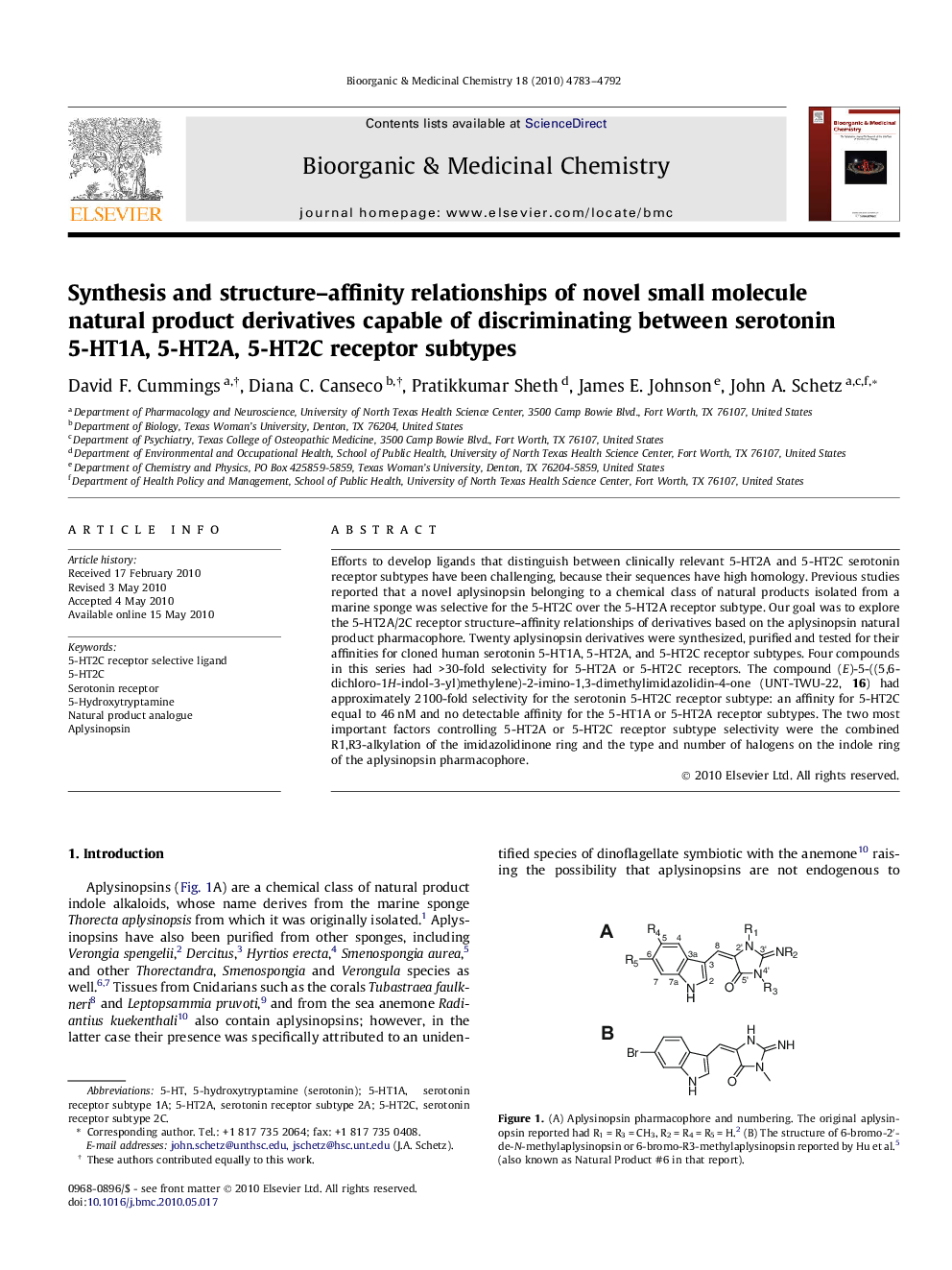 Synthesis and structure–affinity relationships of novel small molecule natural product derivatives capable of discriminating between serotonin 5-HT1A, 5-HT2A, 5-HT2C receptor subtypes