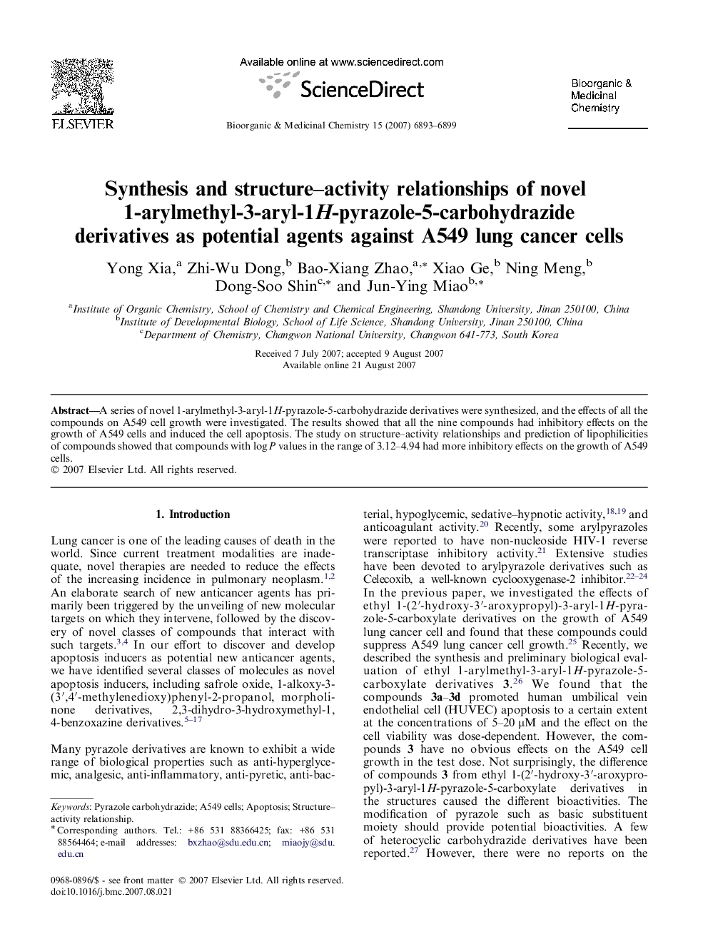 Synthesis and structure–activity relationships of novel 1-arylmethyl-3-aryl-1H-pyrazole-5-carbohydrazide derivatives as potential agents against A549 lung cancer cells