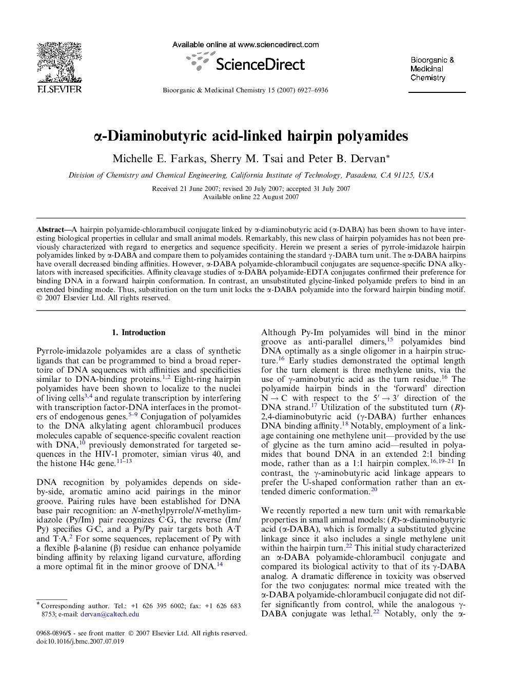 عکس صفحه اول مقاله: α-Diaminobutyric acid-linked hairpin polyamides α-Diaminobutyric acid-linked hairpin polyamides