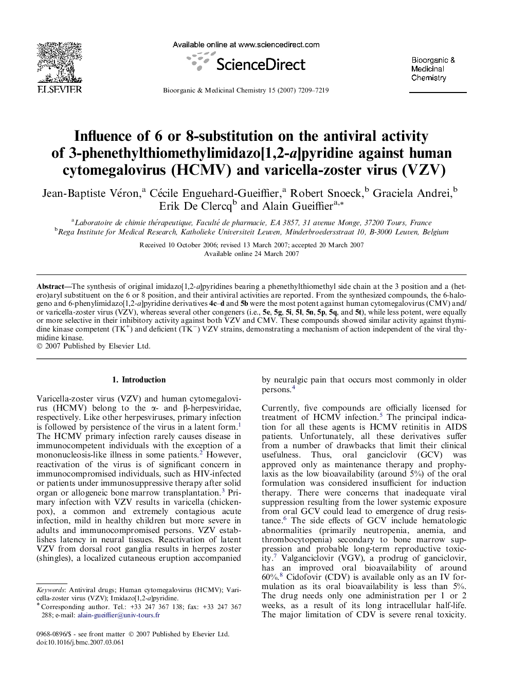 Influence of 6 or 8-substitution on the antiviral activity of 3-phenethylthiomethylimidazo[1,2-a]pyridine against human cytomegalovirus (HCMV) and varicella-zoster virus (VZV)