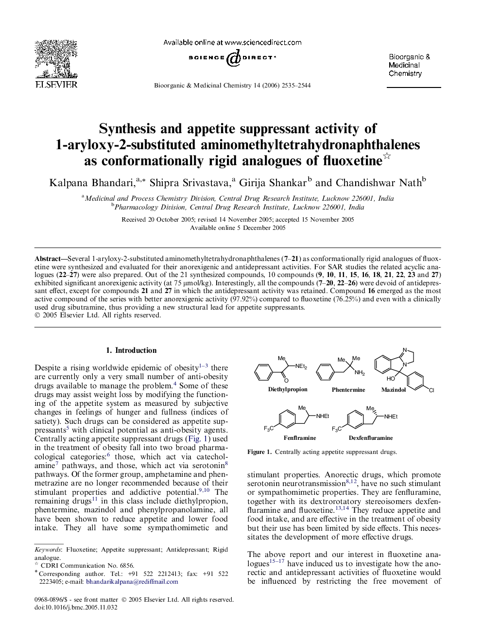 Synthesis and appetite suppressant activity of 1-aryloxy-2-substituted aminomethyltetrahydronaphthalenes as conformationally rigid analogues of fluoxetine 