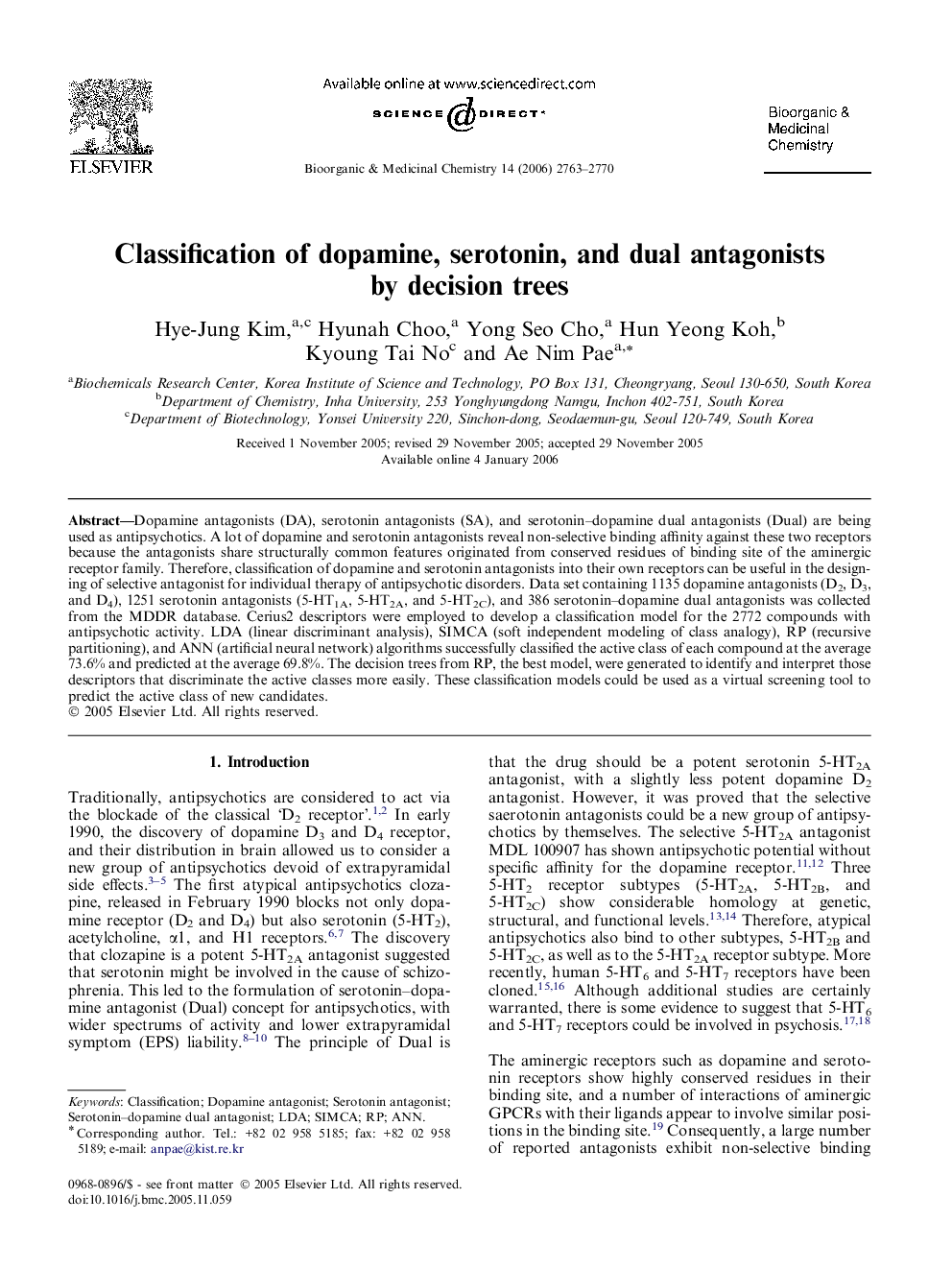 Classification of dopamine, serotonin, and dual antagonists by decision trees