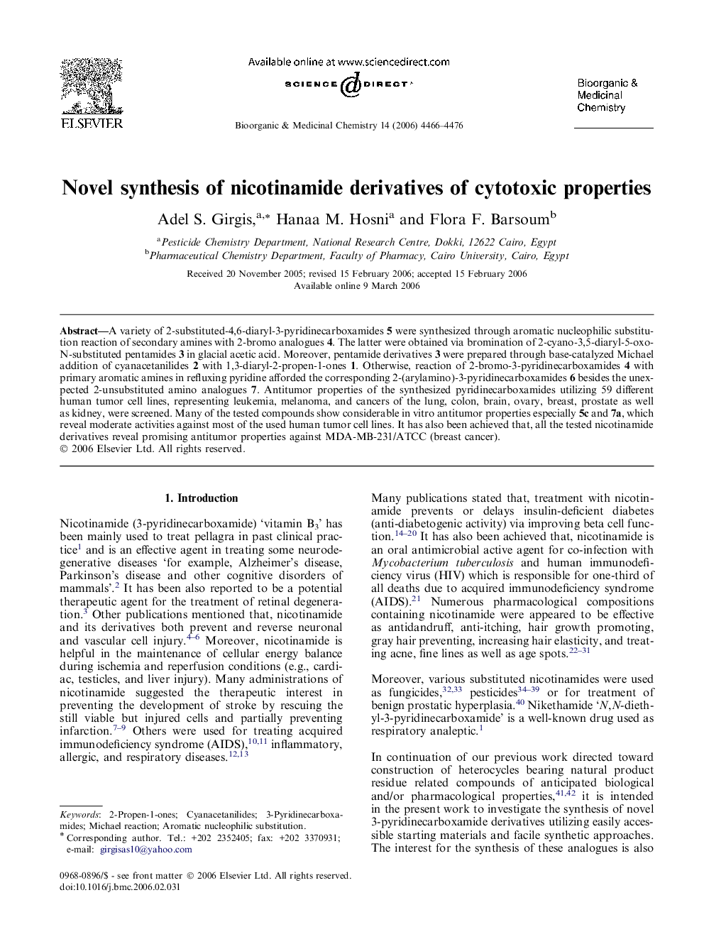 Novel synthesis of nicotinamide derivatives of cytotoxic properties