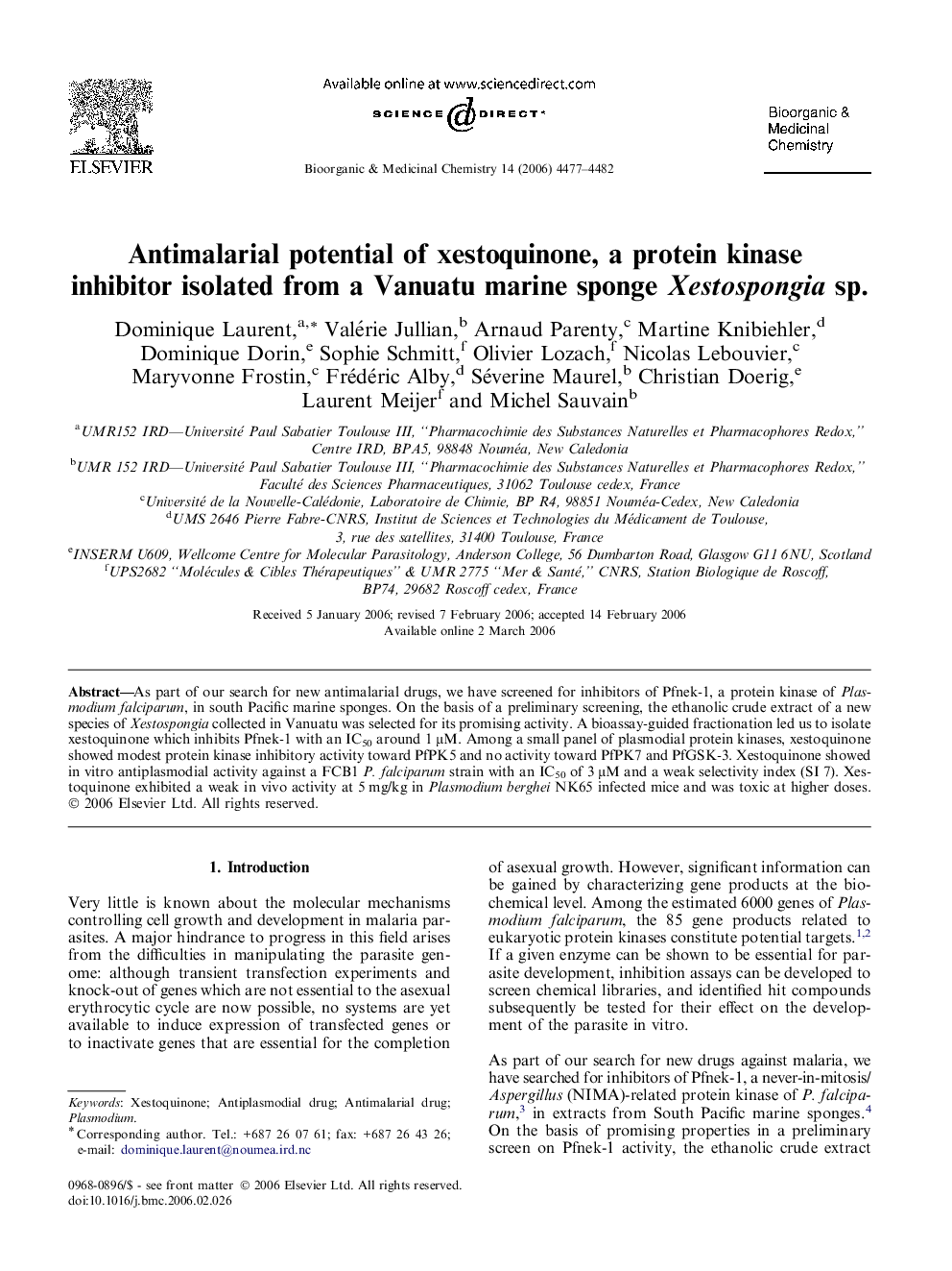 Antimalarial potential of xestoquinone, a protein kinase inhibitor isolated from a Vanuatu marine sponge Xestospongia sp.