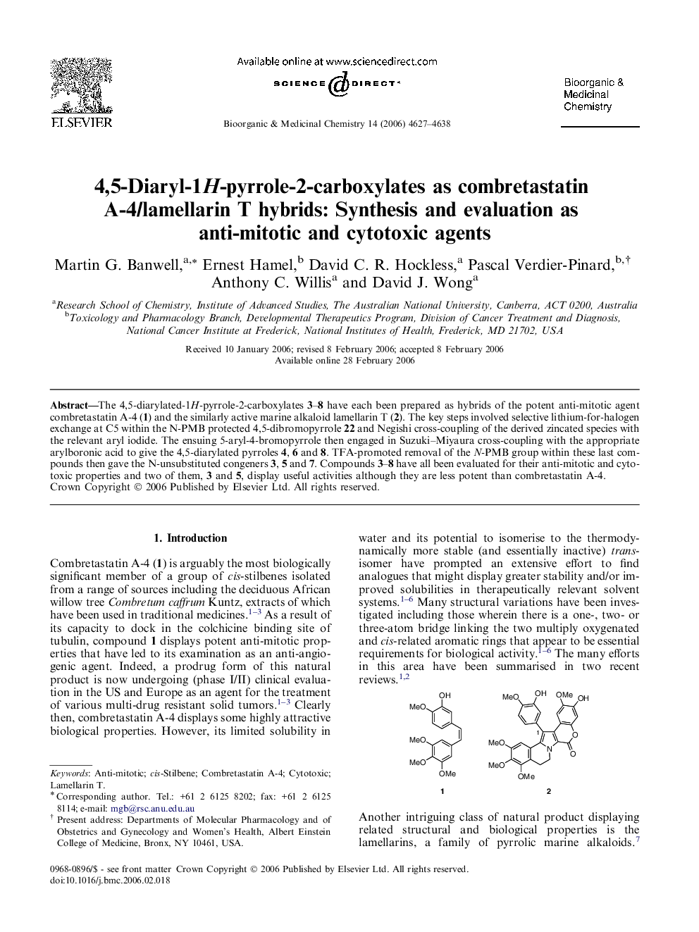 4,5-Diaryl-1H-pyrrole-2-carboxylates as combretastatin A-4/lamellarin T hybrids: Synthesis and evaluation as anti-mitotic and cytotoxic agents