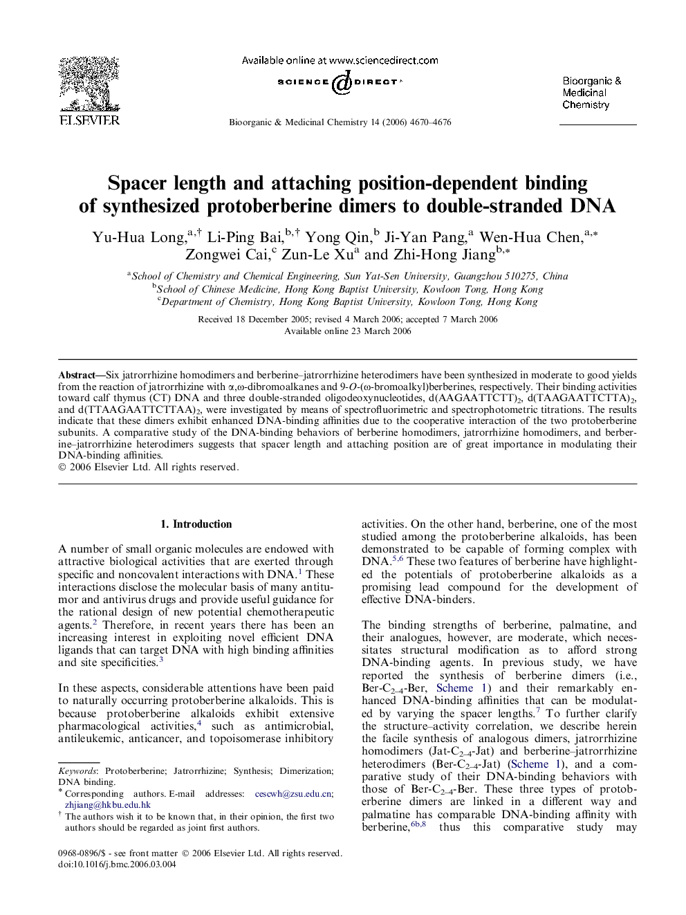 Spacer length and attaching position-dependent binding of synthesized protoberberine dimers to double-stranded DNA