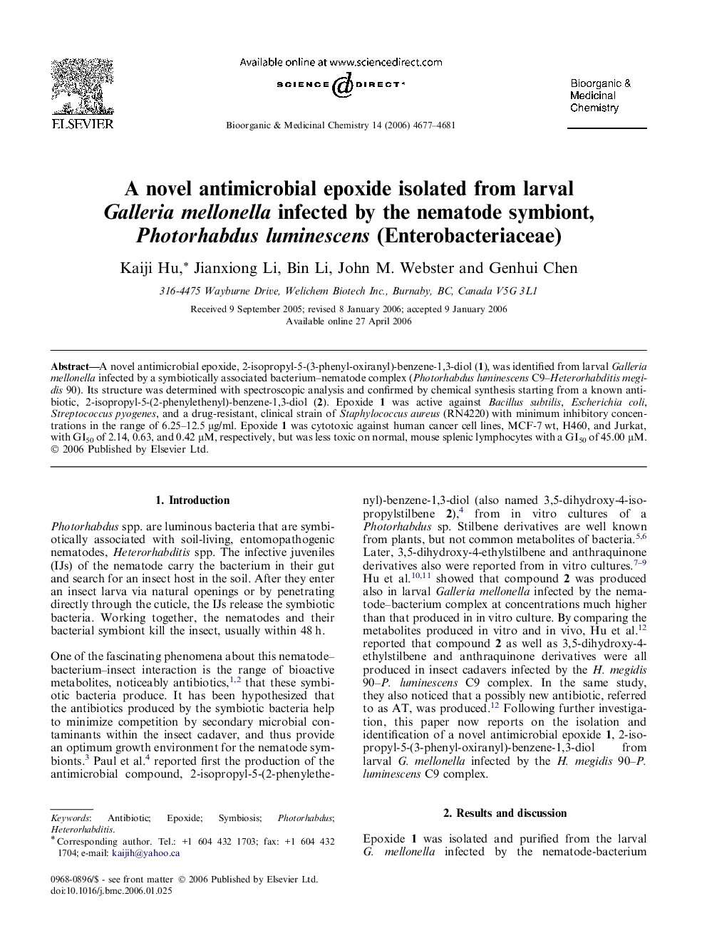 A novel antimicrobial epoxide isolated from larval Galleria mellonella infected by the nematode symbiont, Photorhabdus luminescens (Enterobacteriaceae)