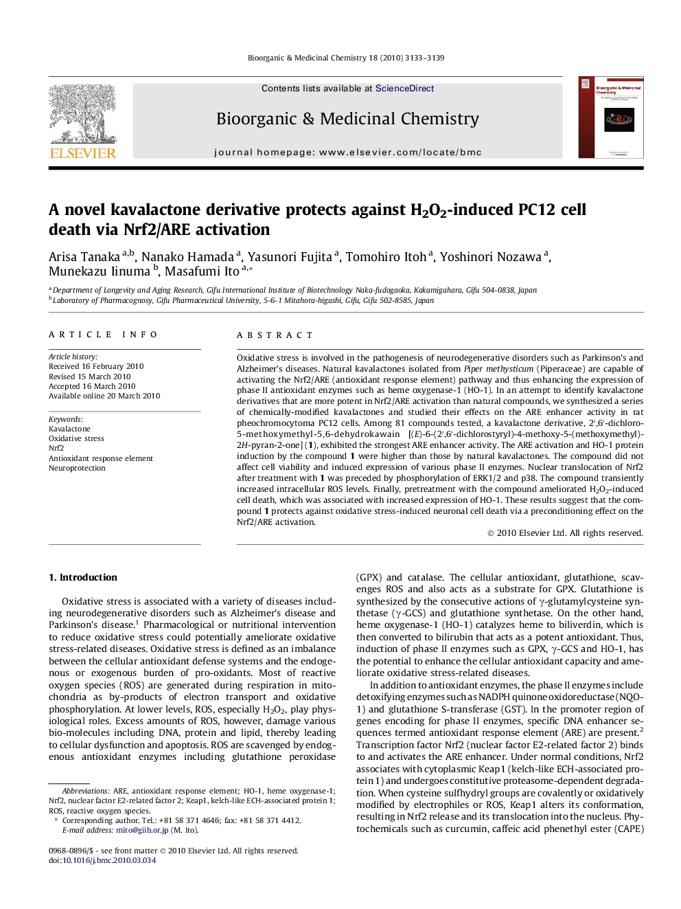 A novel kavalactone derivative protects against H2O2-induced PC12 cell death via Nrf2/ARE activation