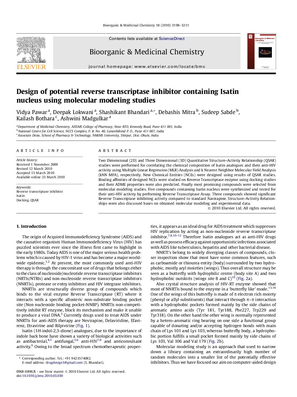 Design of potential reverse transcriptase inhibitor containing Isatin nucleus using molecular modeling studies