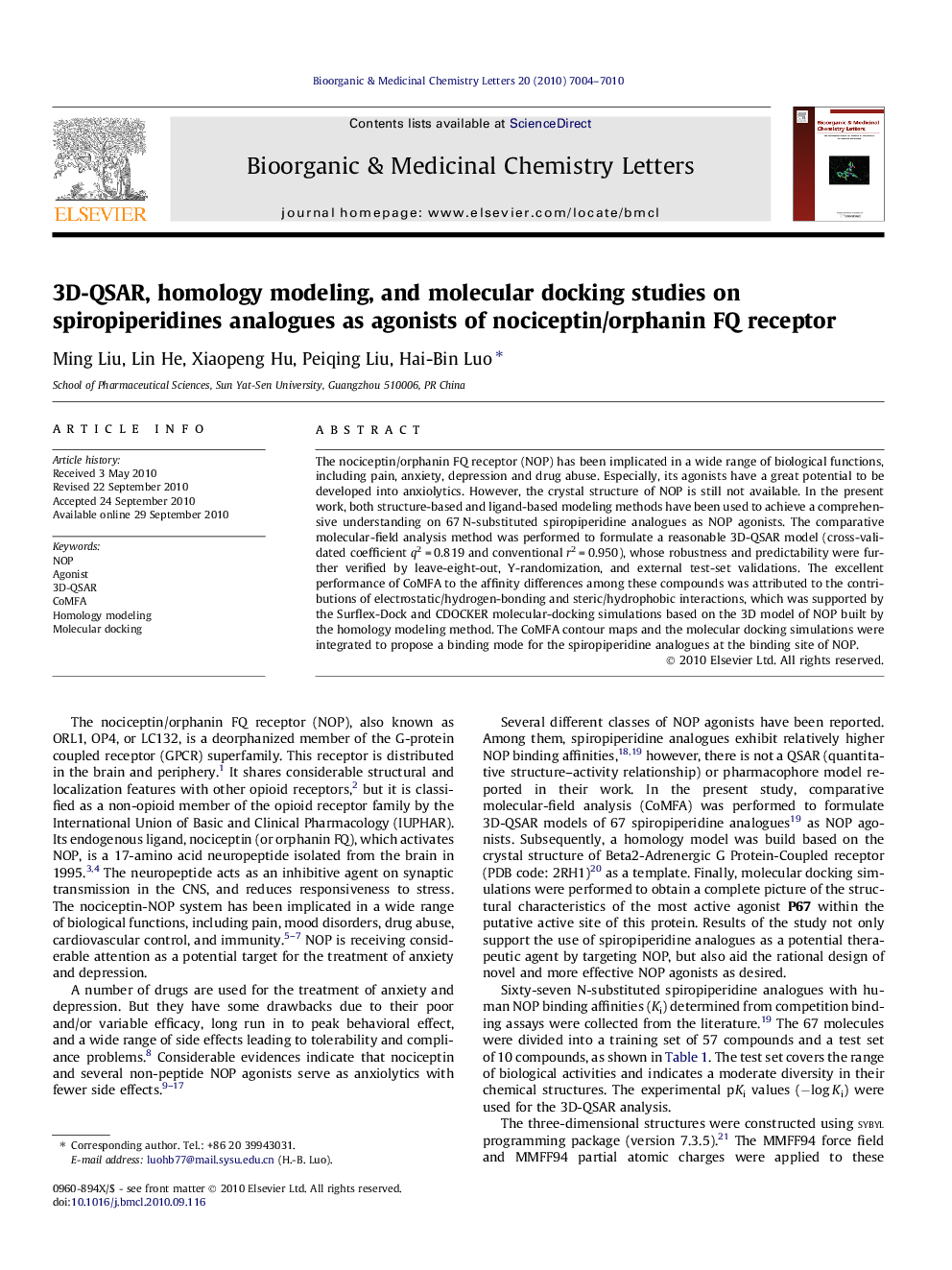 3D-QSAR, homology modeling, and molecular docking studies on spiropiperidines analogues as agonists of nociceptin/orphanin FQ receptor