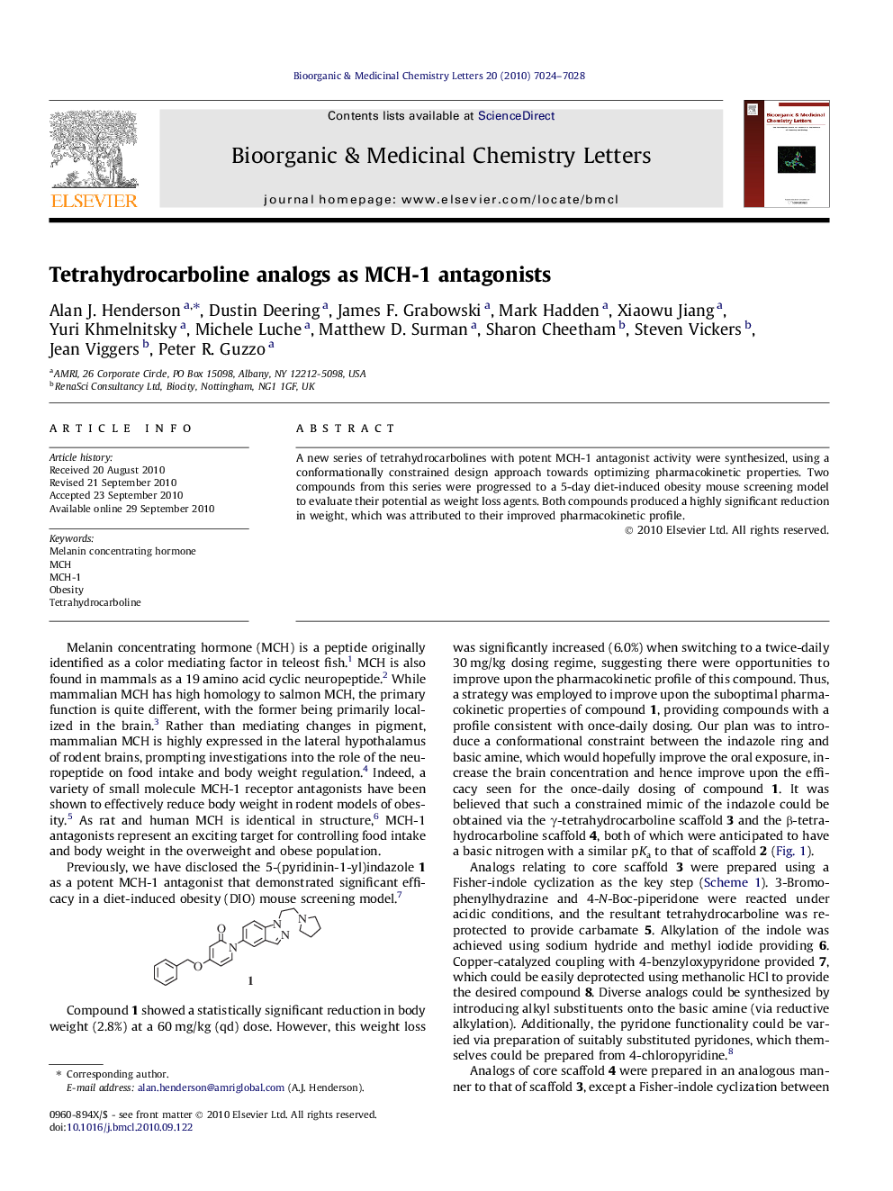 Tetrahydrocarboline analogs as MCH-1 antagonists