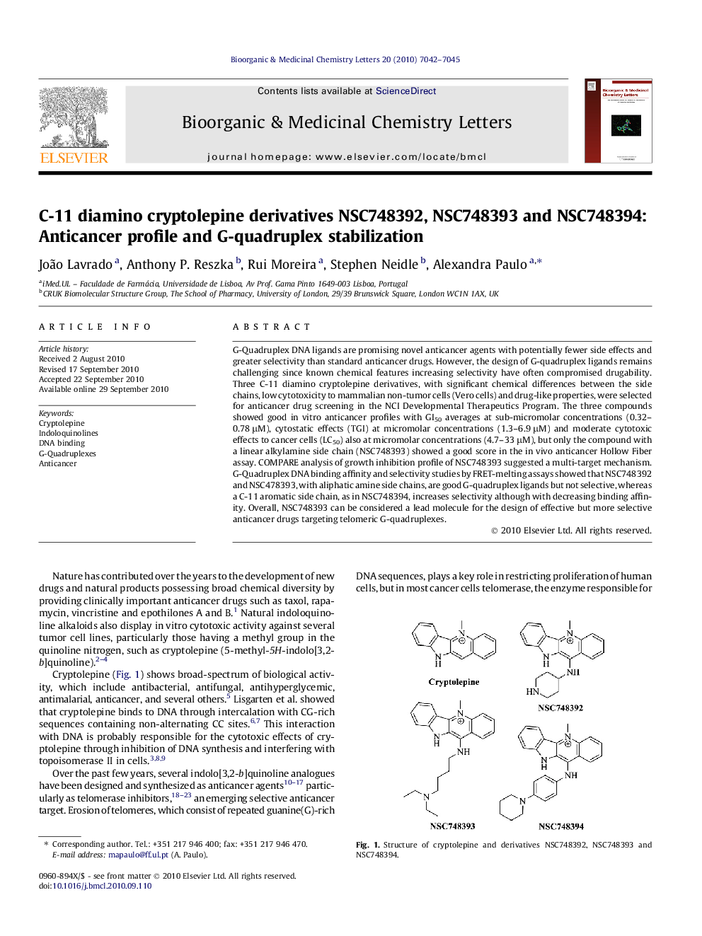 C-11 diamino cryptolepine derivatives NSC748392, NSC748393, and NSC748394: Anticancer profile and G-quadruplex stabilization