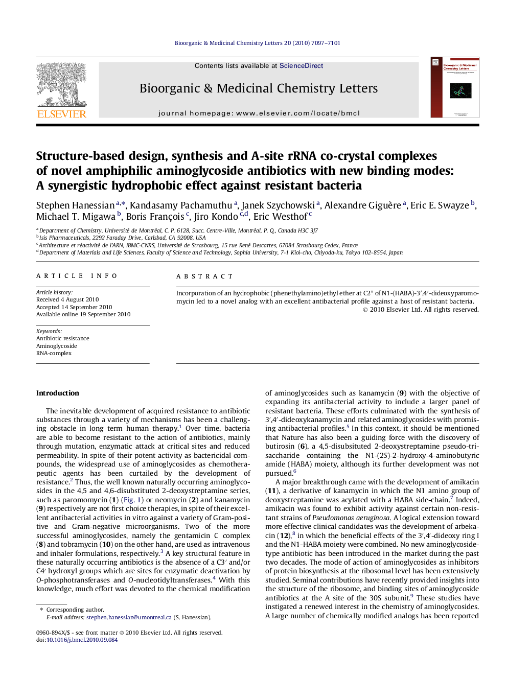 Structure-based design, synthesis and A-site rRNA co-crystal complexes of novel amphiphilic aminoglycoside antibiotics with new binding modes: A synergistic hydrophobic effect against resistant bacteria