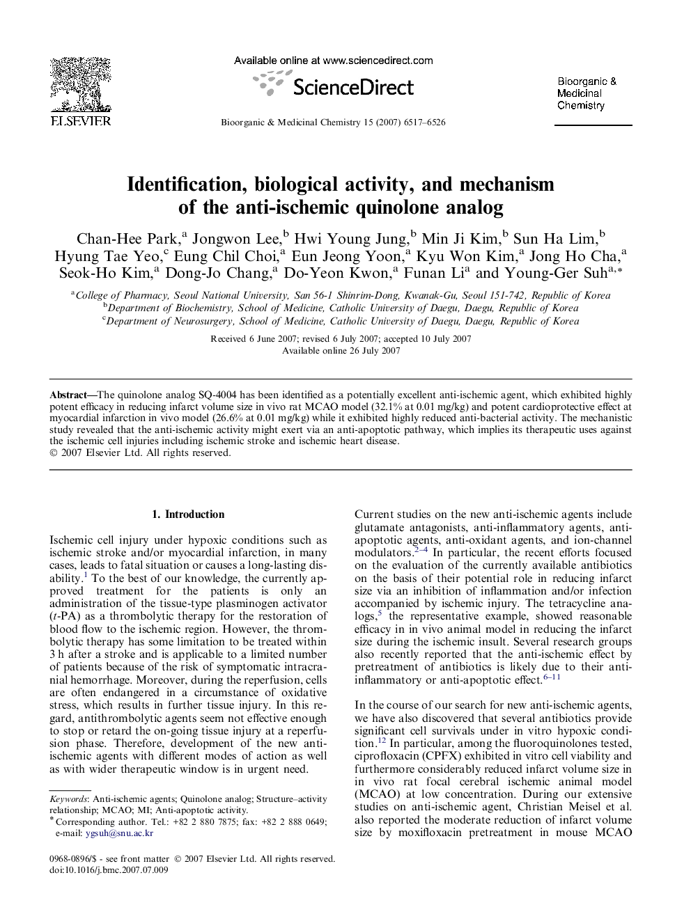 Identification, biological activity, and mechanism of the anti-ischemic quinolone analog