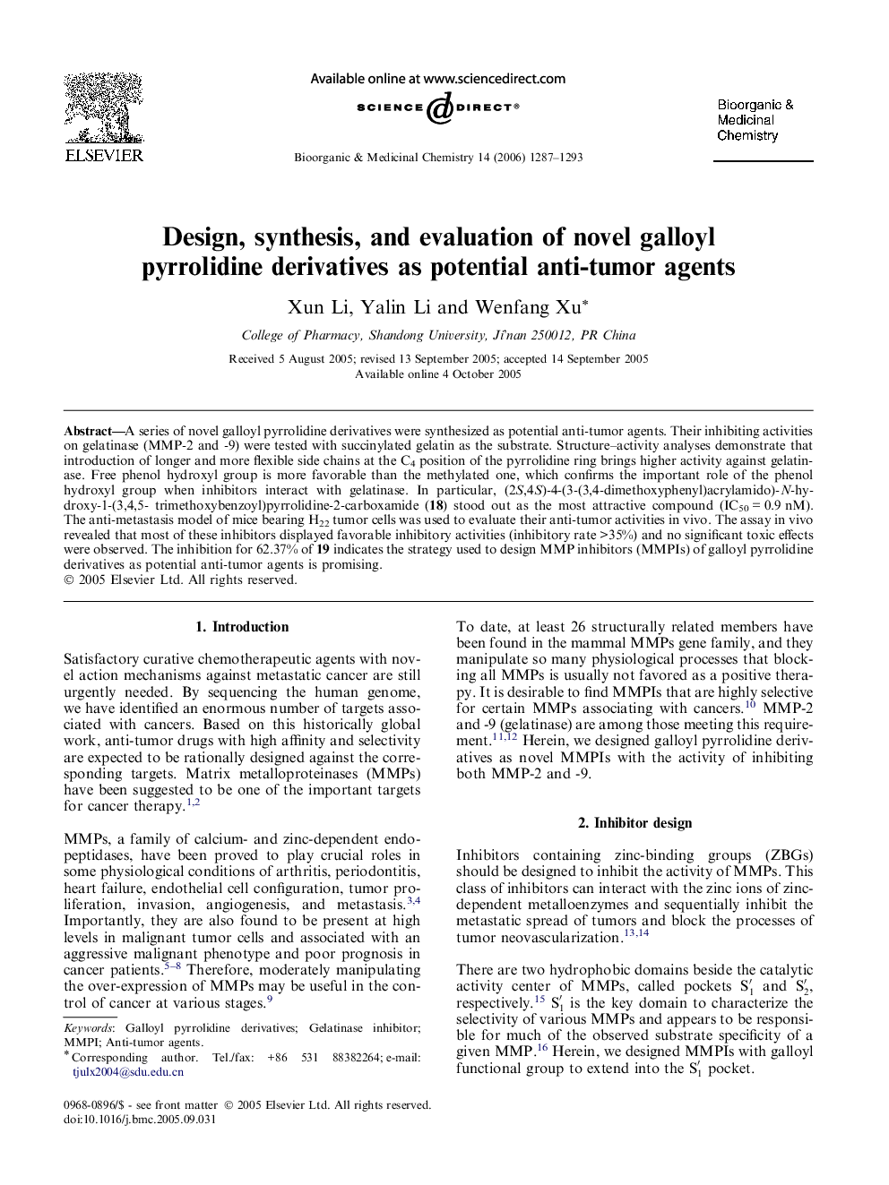 Design, synthesis, and evaluation of novel galloyl pyrrolidine derivatives as potential anti-tumor agents