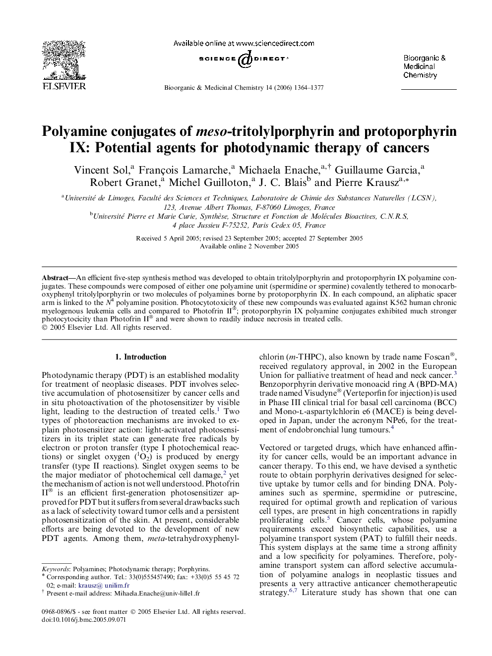 Polyamine conjugates of meso-tritolylporphyrin and protoporphyrin IX: Potential agents for photodynamic therapy of cancers