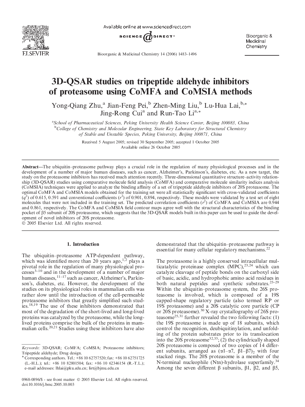 3D-QSAR studies on tripeptide aldehyde inhibitors of proteasome using CoMFA and CoMSIA methods