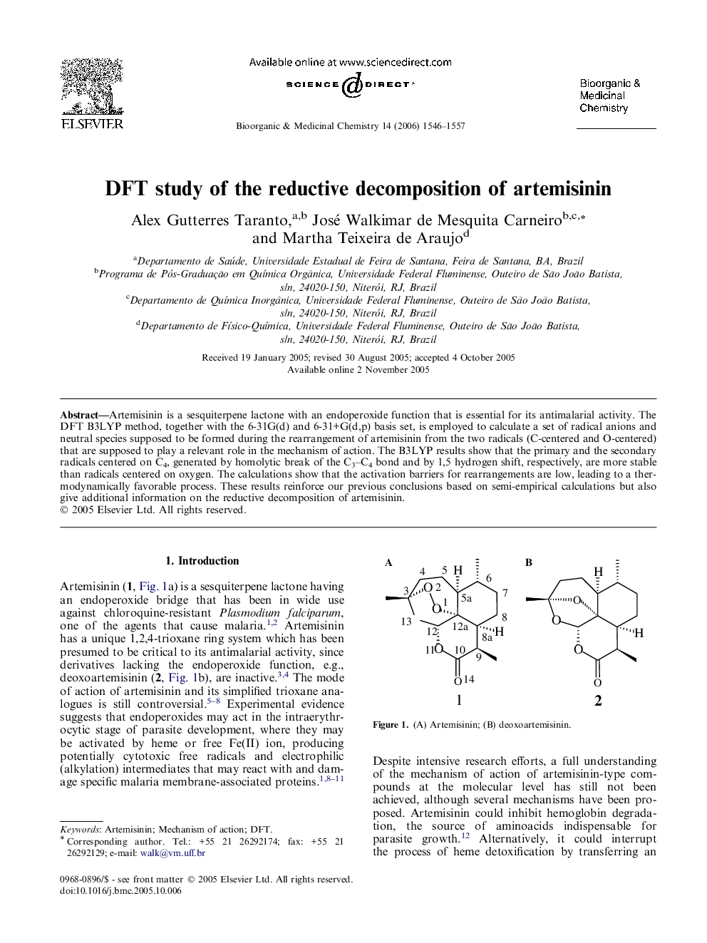 DFT study of the reductive decomposition of artemisinin