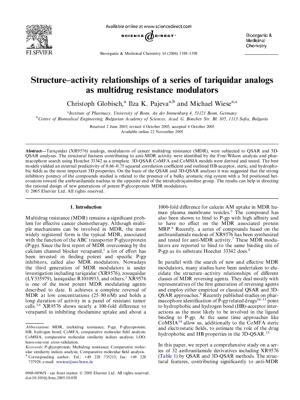 Structure–activity relationships of a series of tariquidar analogs as multidrug resistance modulators