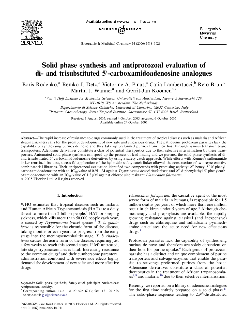 Solid phase synthesis and antiprotozoal evaluation of di- and trisubstituted 5′-carboxamidoadenosine analogues