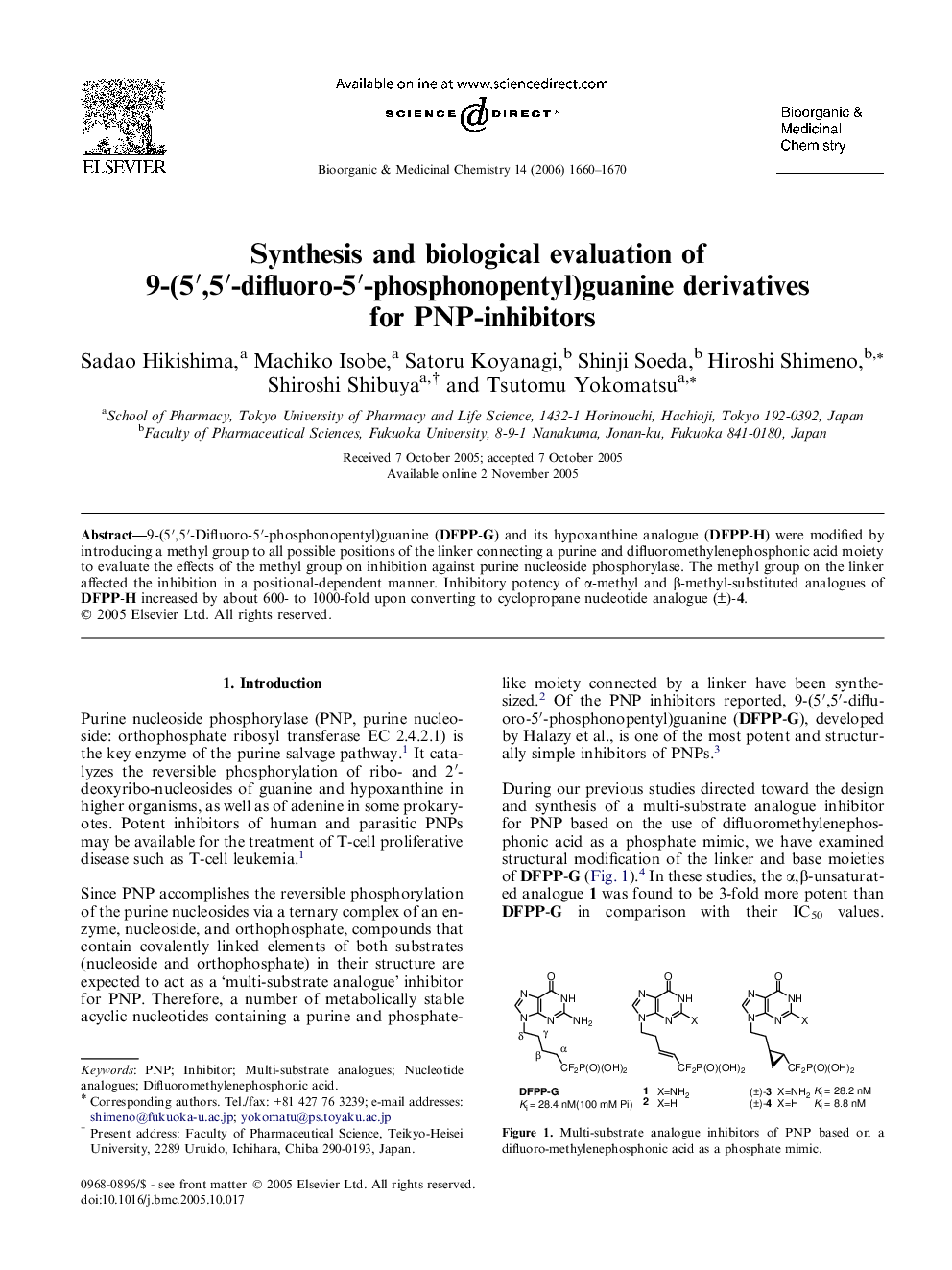 Synthesis and biological evaluation of 9-(5′,5′-difluoro-5′-phosphonopentyl)guanine derivatives for PNP-inhibitors