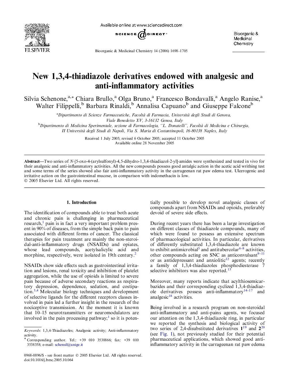 New 1,3,4-thiadiazole derivatives endowed with analgesic and anti-inflammatory activities