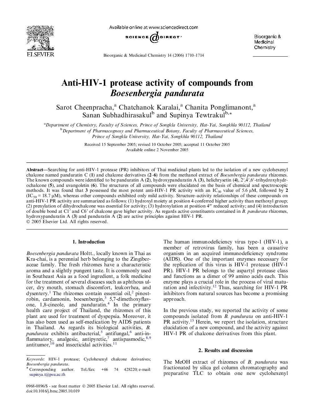 Anti-HIV-1 protease activity of compounds from Boesenbergia pandurata