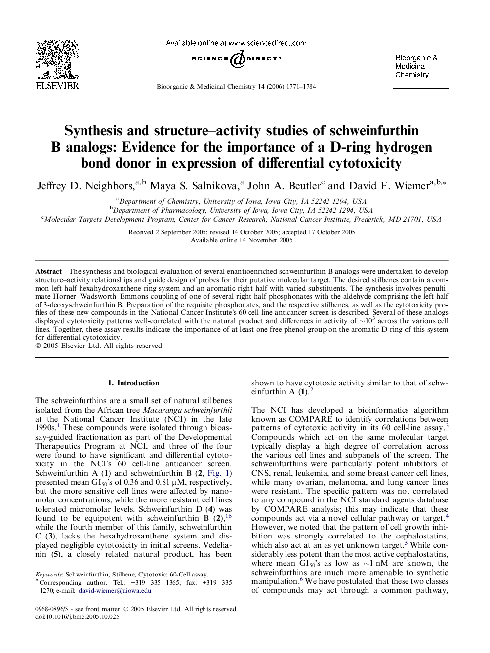 Synthesis and structure–activity studies of schweinfurthin B analogs: Evidence for the importance of a D-ring hydrogen bond donor in expression of differential cytotoxicity