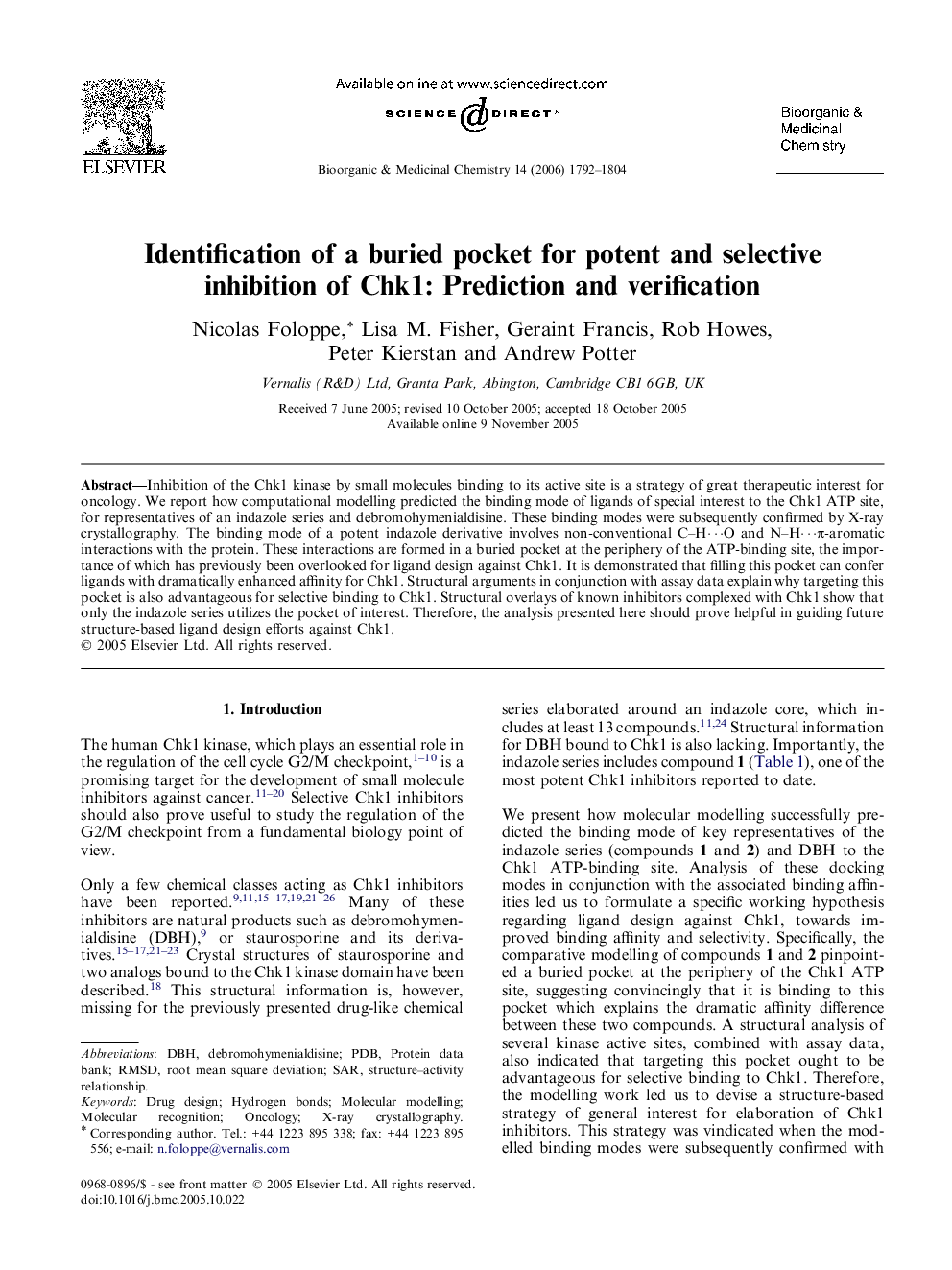 Identification of a buried pocket for potent and selective inhibition of Chk1: Prediction and verification