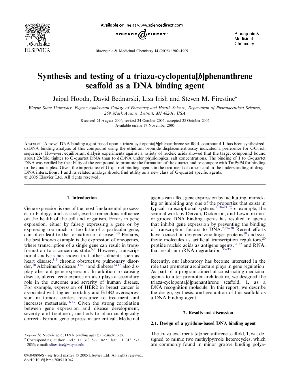 Synthesis and testing of a triaza-cyclopenta[b]phenanthrene scaffold as a DNA binding agent