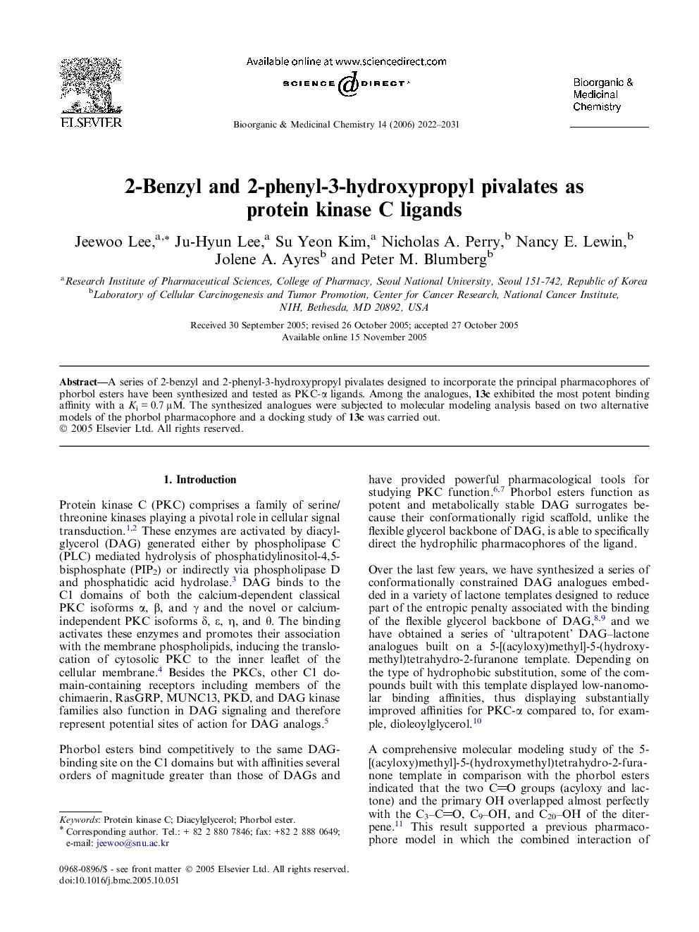 2-Benzyl and 2-phenyl-3-hydroxypropyl pivalates as protein kinase C ligands