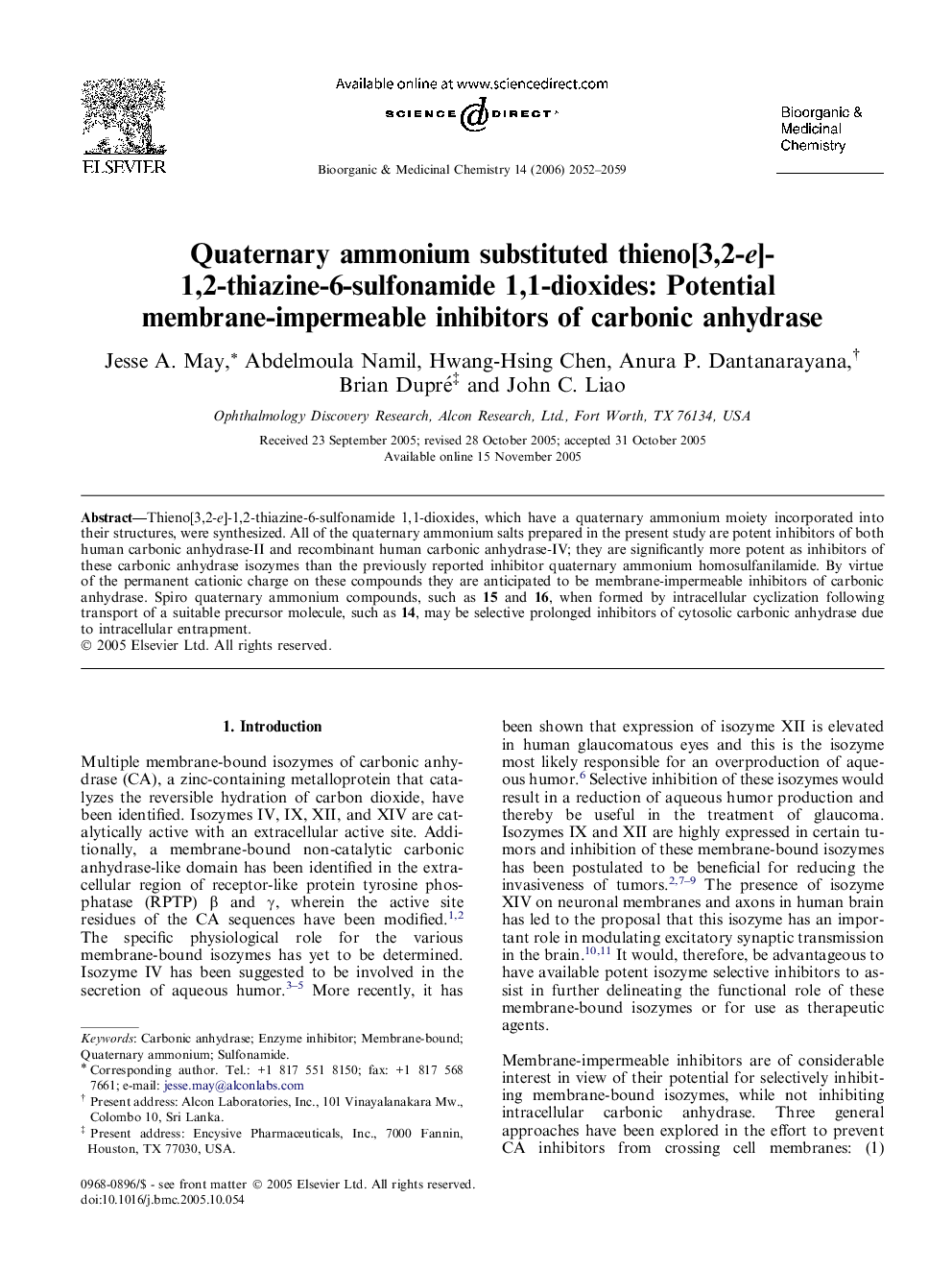 Quaternary ammonium substituted thieno[3,2-e]-1,2-thiazine-6-sulfonamide 1,1-dioxides: Potential membrane-impermeable inhibitors of carbonic anhydrase