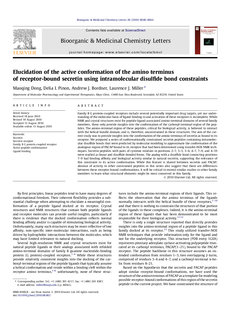 Elucidation of the active conformation of the amino terminus of receptor-bound secretin using intramolecular disulfide bond constraints