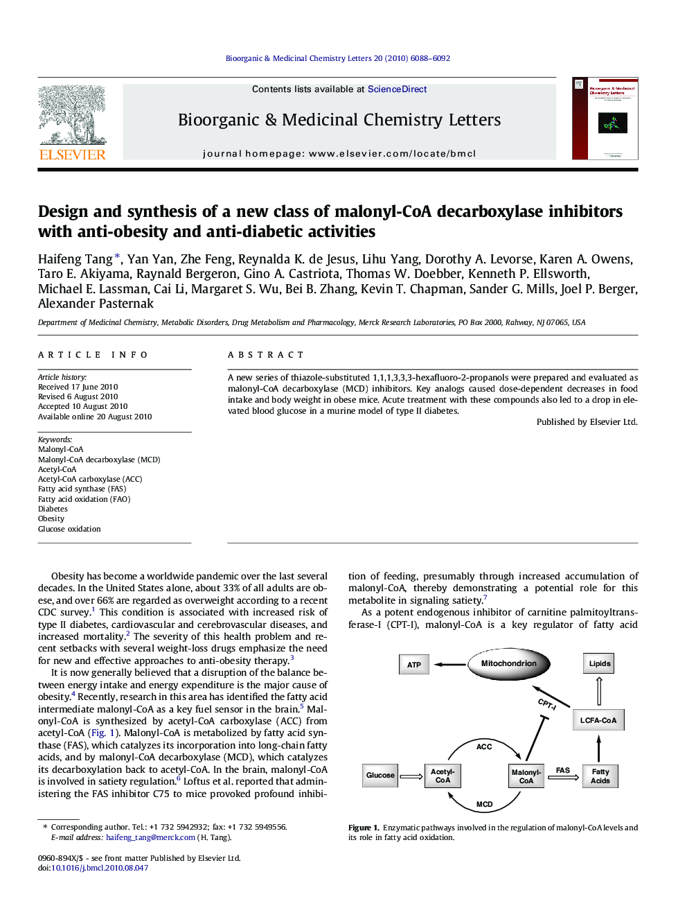 Design and synthesis of a new class of malonyl-CoA decarboxylase inhibitors with anti-obesity and anti-diabetic activities