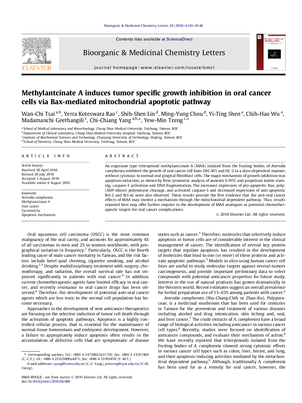 Methylantcinate A induces tumor specific growth inhibition in oral cancer cells via Bax-mediated mitochondrial apoptotic pathway