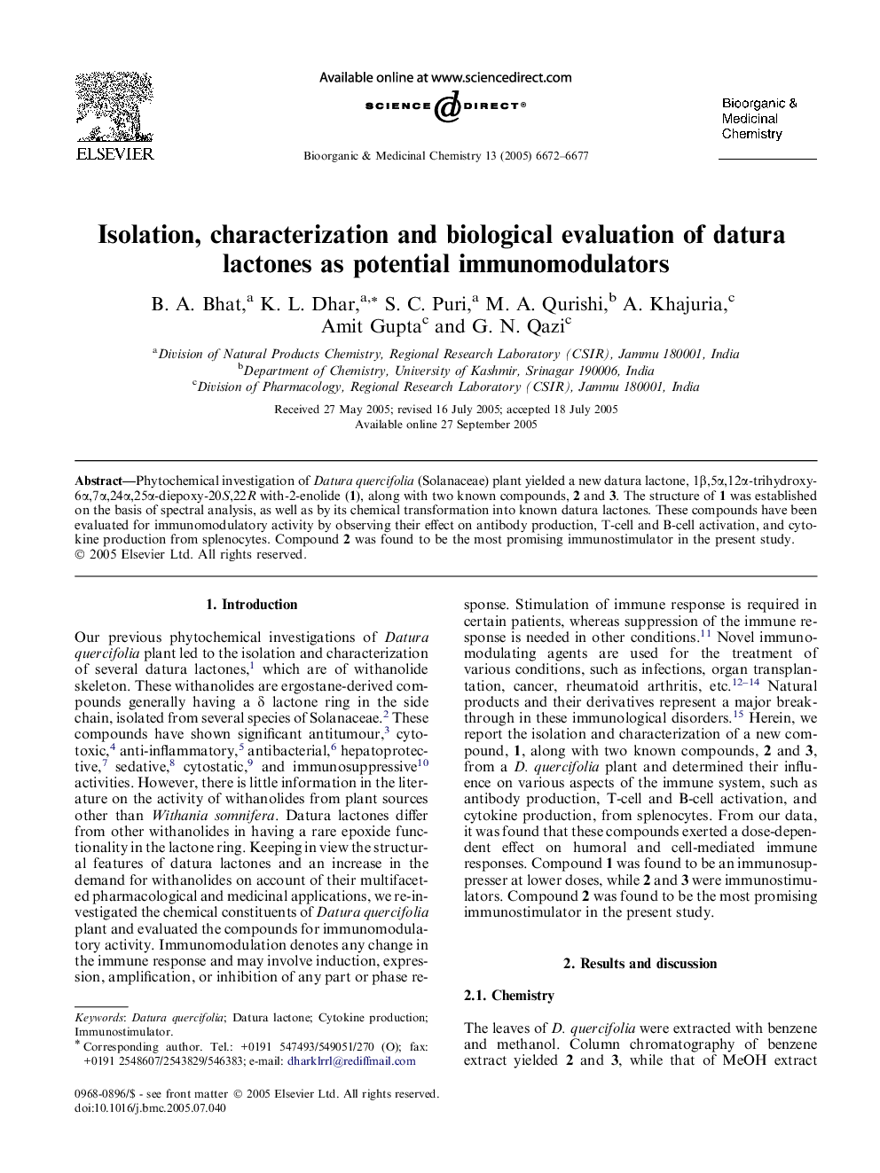 Isolation, characterization and biological evaluation of datura lactones as potential immunomodulators