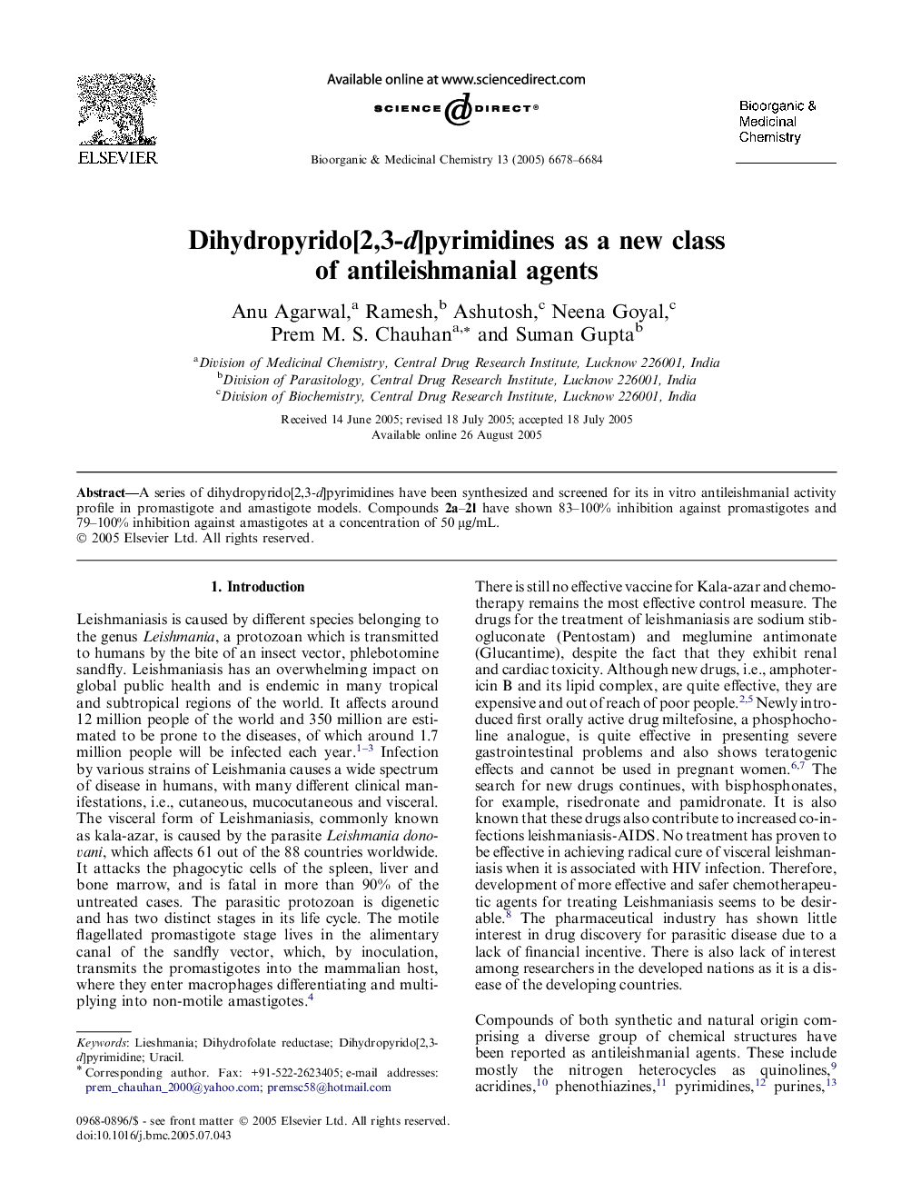 Dihydropyrido[2,3-d]pyrimidines as a new class of antileishmanial agents