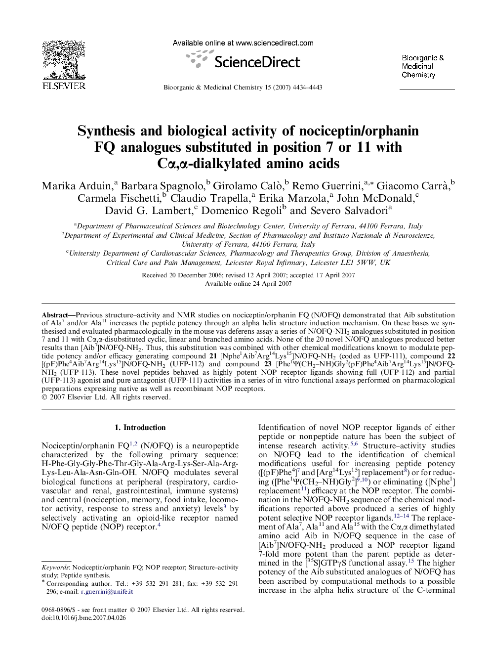 Synthesis and biological activity of nociceptin/orphanin FQ analogues substituted in position 7 or 11 with Cα,α-dialkylated amino acids