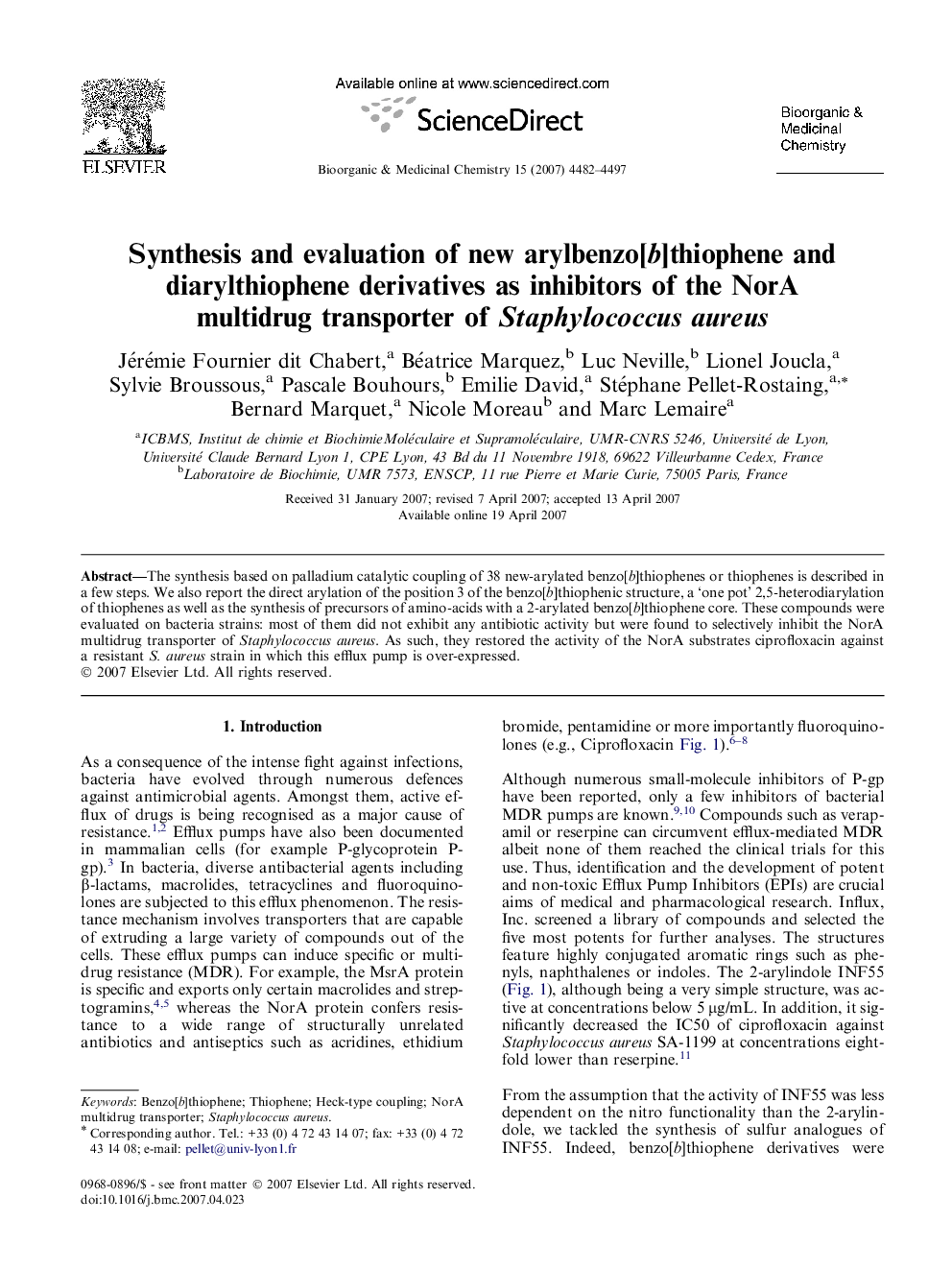 Synthesis and evaluation of new arylbenzo[b]thiophene and diarylthiophene derivatives as inhibitors of the NorA multidrug transporter of Staphylococcus aureus