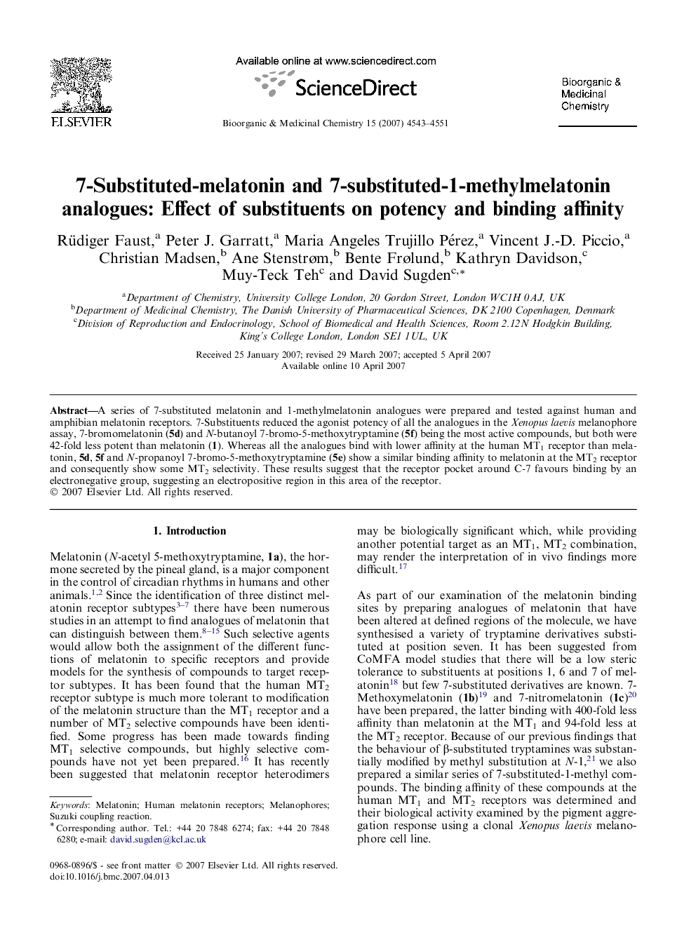 7-Substituted-melatonin and 7-substituted-1-methylmelatonin analogues: Effect of substituents on potency and binding affinity