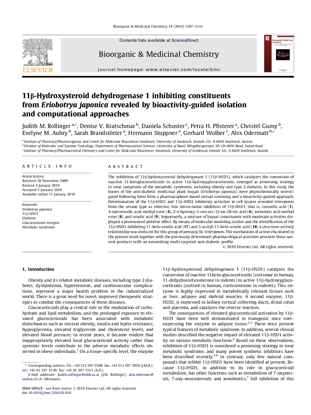 11β-Hydroxysteroid dehydrogenase 1 inhibiting constituents from Eriobotrya japonica revealed by bioactivity-guided isolation and computational approaches