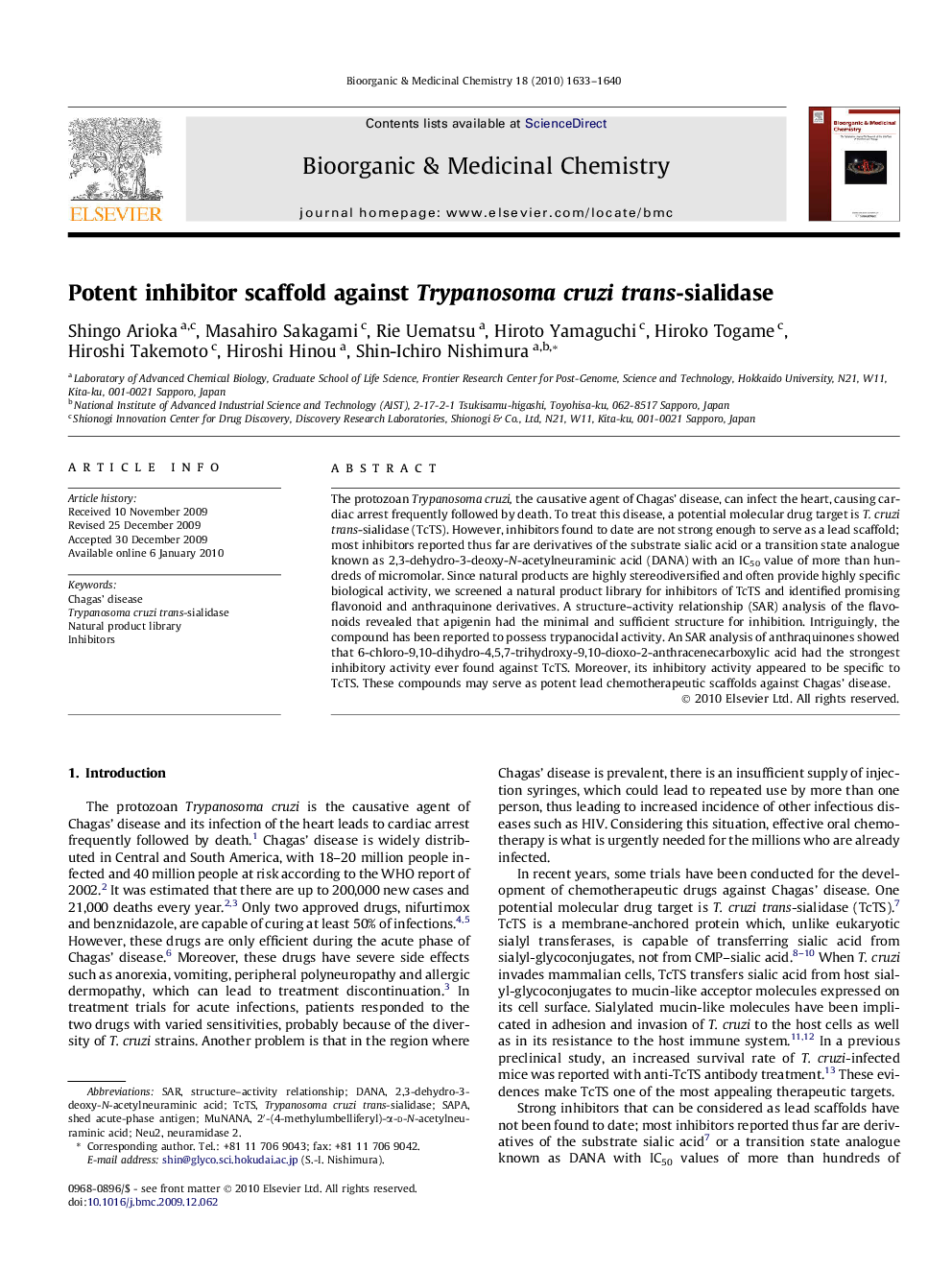 عکس صفحه اول مقاله: Potent inhibitor scaffold against Trypanosoma cruzi trans-sialidase Potent inhibitor scaffold against Trypanosoma cruzi trans-sialidase
