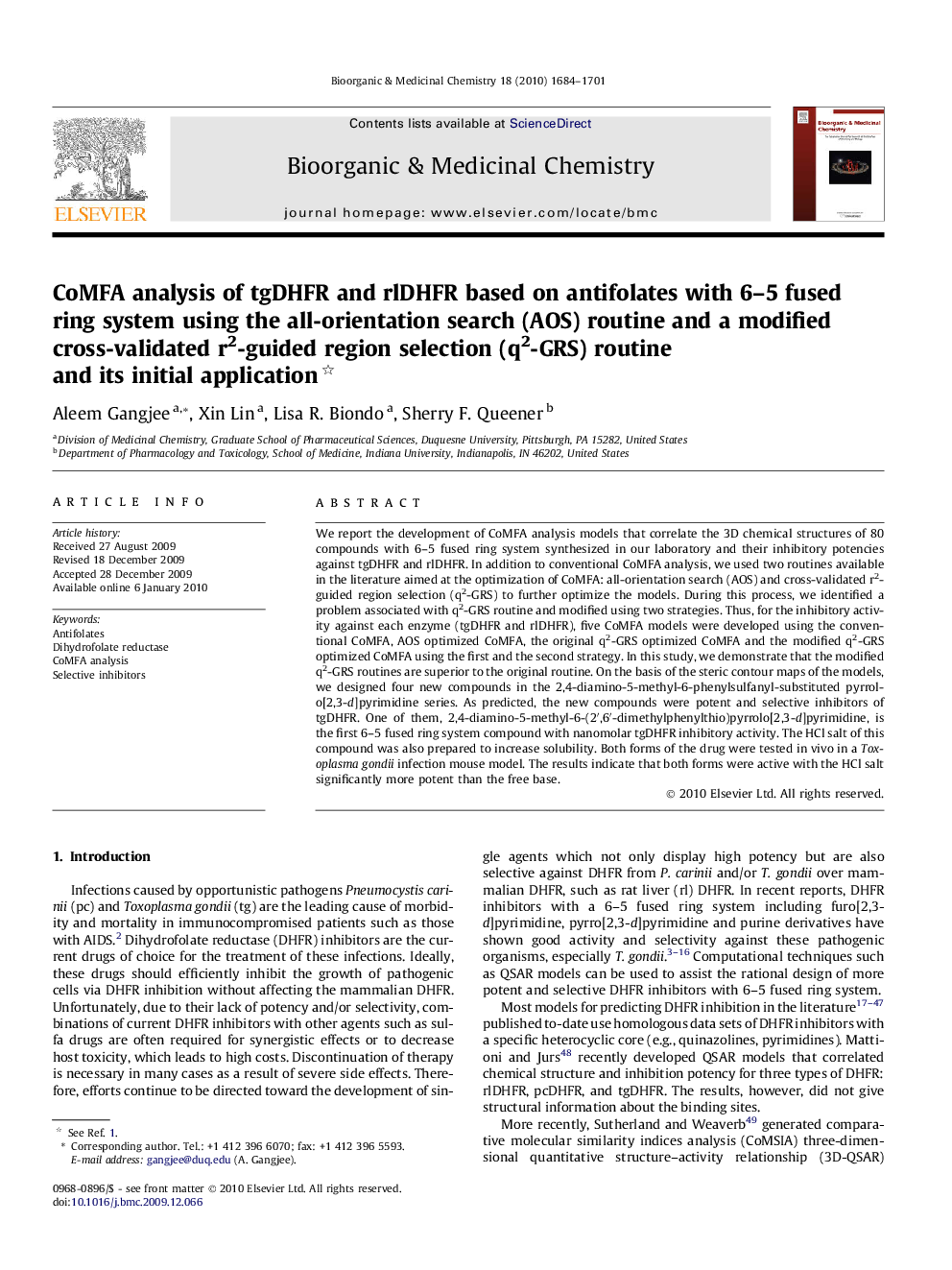 CoMFA analysis of tgDHFR and rlDHFR based on antifolates with 6–5 fused ring system using the all-orientation search (AOS) routine and a modified cross-validated r2-guided region selection (q2-GRS) routine and its initial application 