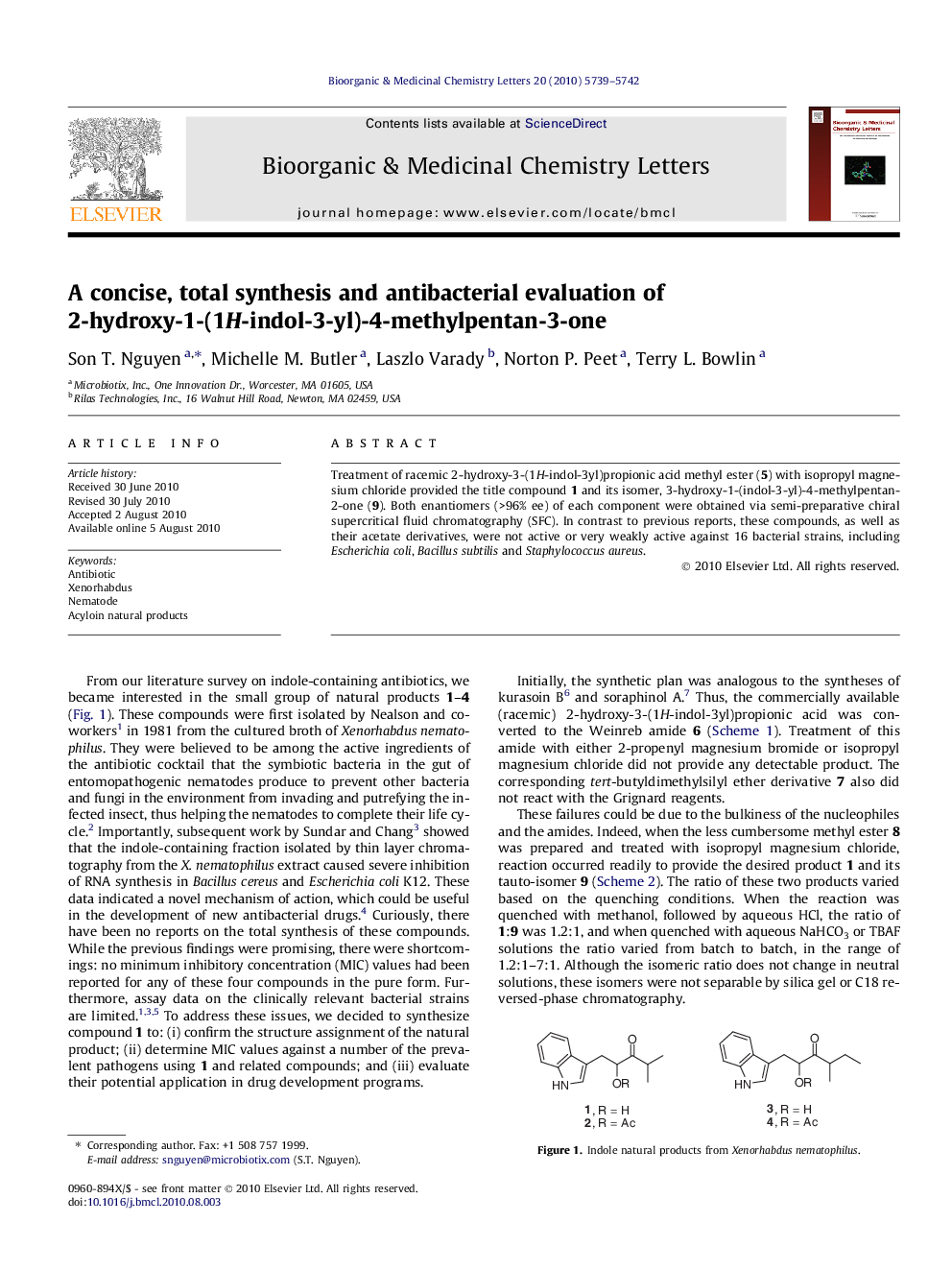 A concise, total synthesis and antibacterial evaluation of 2-hydroxy-1-(1H-indol-3-yl)-4-methylpentan-3-one