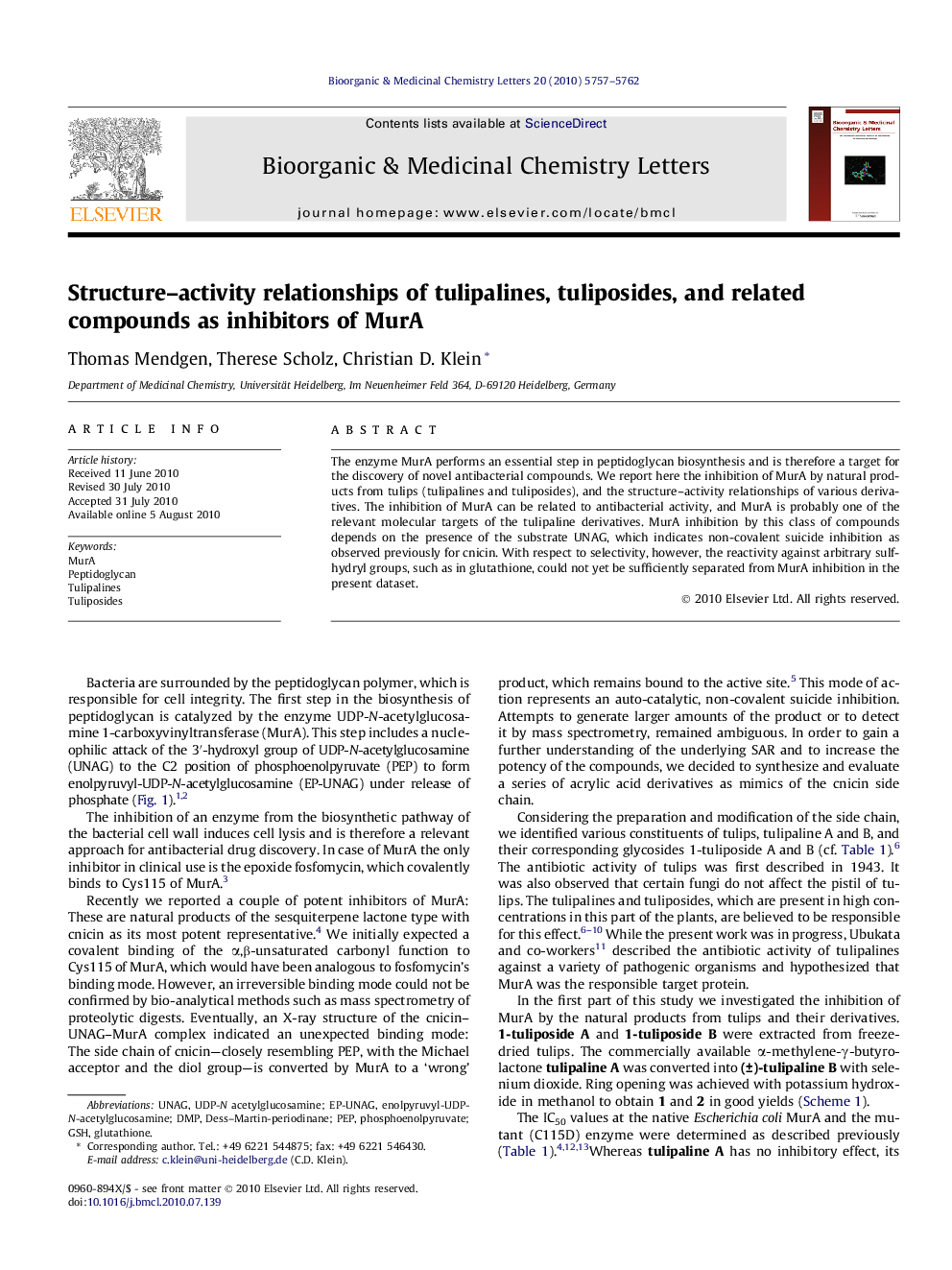 Structure–activity relationships of tulipalines, tuliposides, and related compounds as inhibitors of MurA