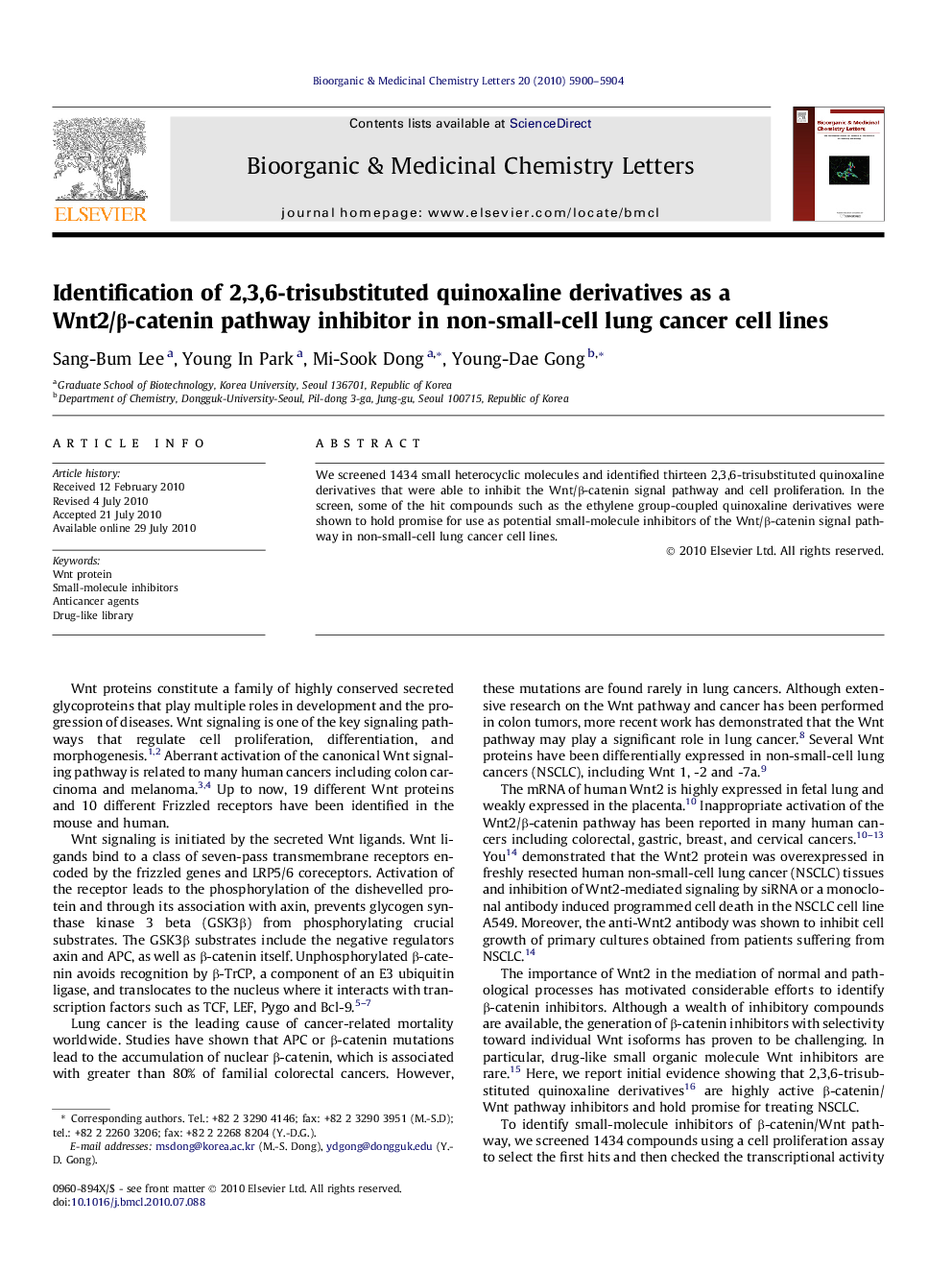 Identification of 2,3,6-trisubstituted quinoxaline derivatives as a Wnt2/β-catenin pathway inhibitor in non-small-cell lung cancer cell lines